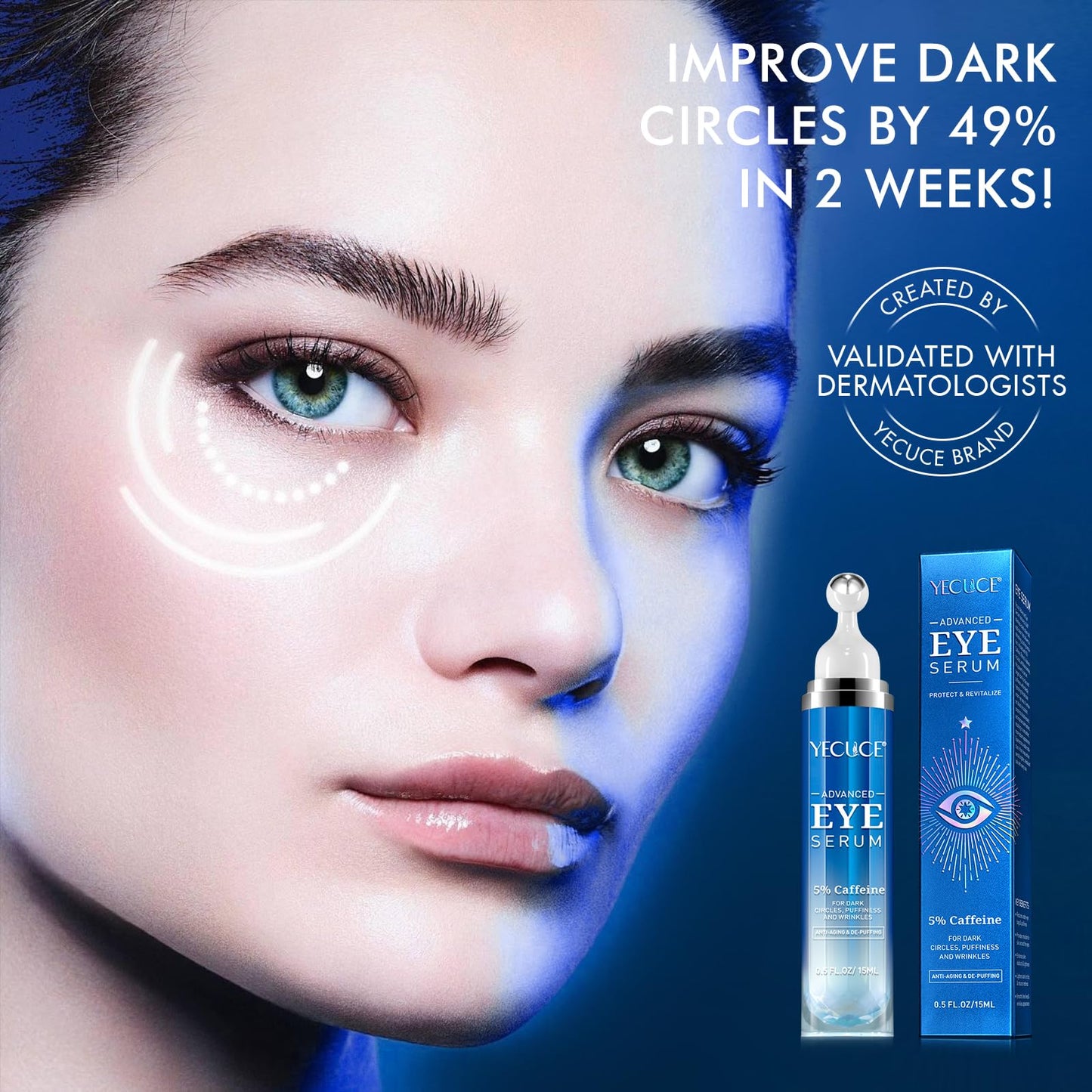 Generic Eye Serum for Dark Circles and Puffiness, Under Eye Serum with 5% Caffeine Anti Aging Smooths Fine Lines and Wrinkle Appearance, Eye Cream with 360° Eye Roller Massage Ball