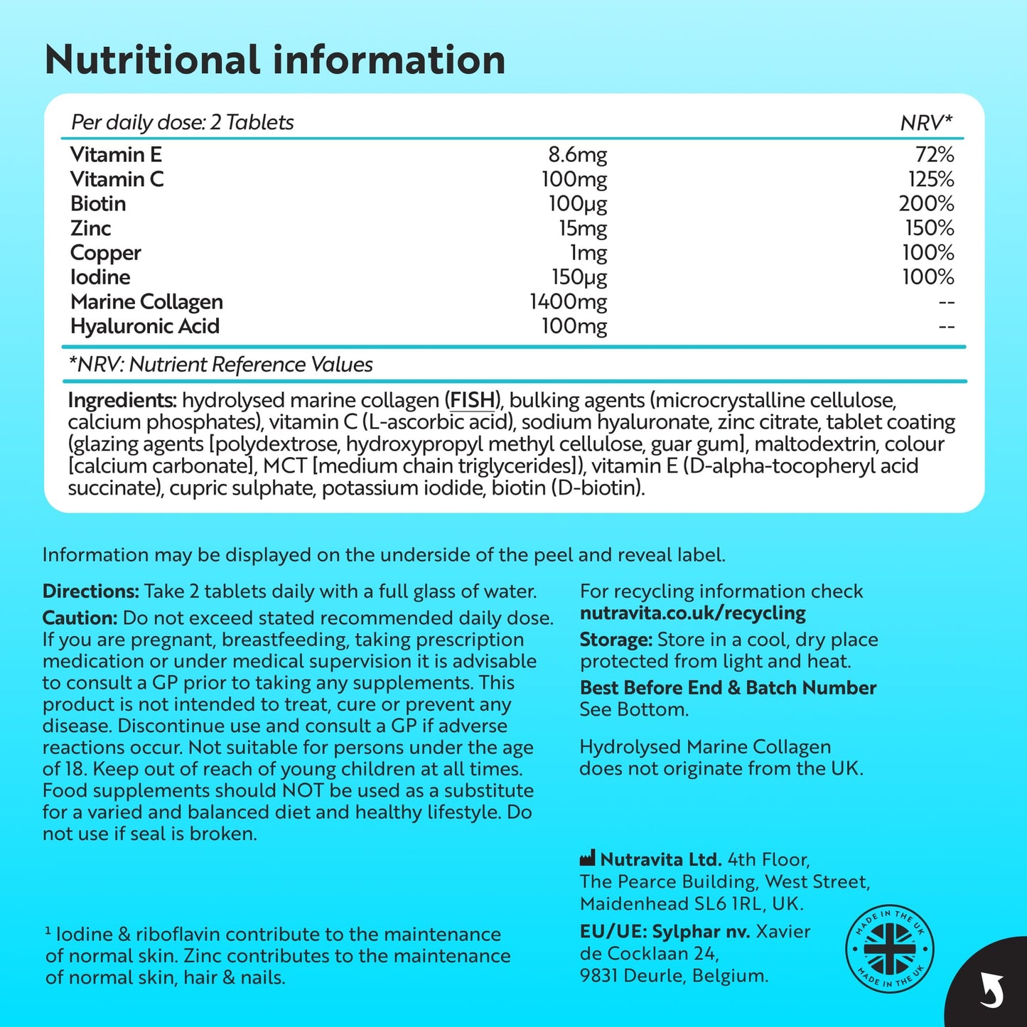 Nutravita Marine Collagen Tablets 1400mg Enhanced with Hyaluronic Acid - Hydrolysed Collagen Supplements for Women & Men - 120 Tablets (2 Month Supply) - with Vitamin C, Vitamin E & Zinc - Not Powder