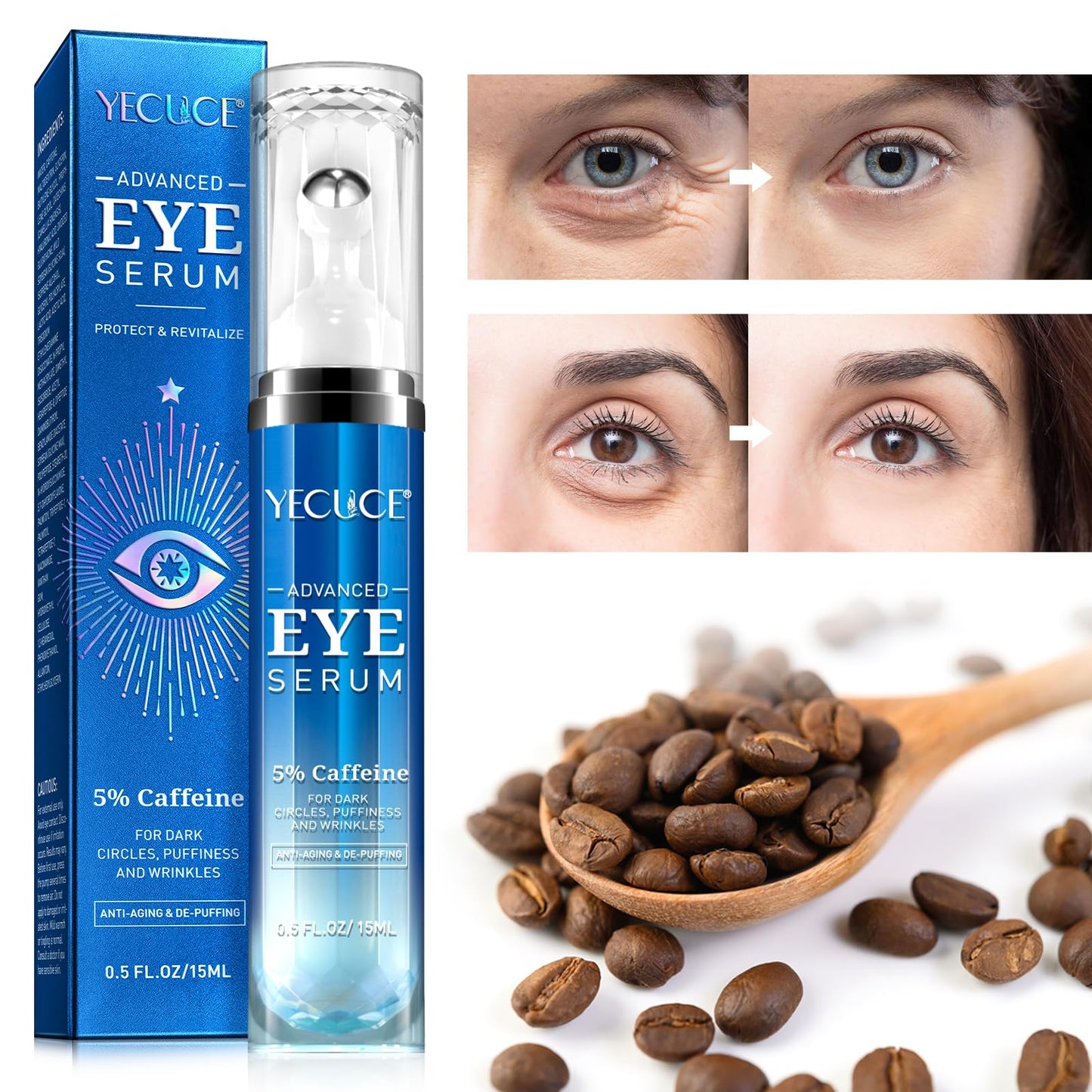 Generic Eye Serum for Dark Circles and Puffiness, Under Eye Serum with 5% Caffeine Anti Aging Smooths Fine Lines and Wrinkle Appearance, Eye Cream with 360° Eye Roller Massage Ball