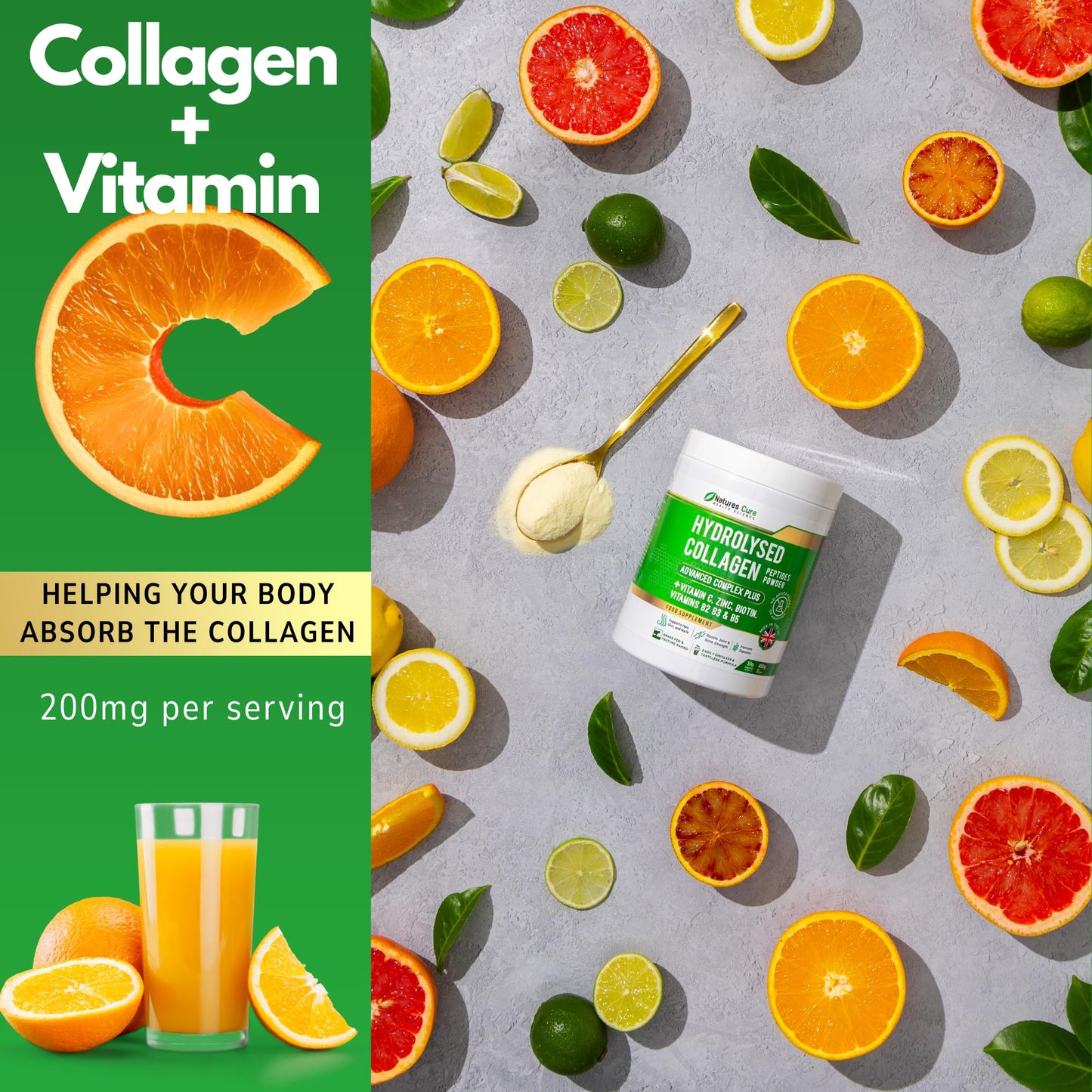 Natures cure Premium Collagen Powder Complex – Bovine Collagen Peptides 450g- Enriched with Essential B Vitamins, Vitamin C, Zinc & Biotin – Pure Hydrolysed Collagen Supplement – by Natures Cure