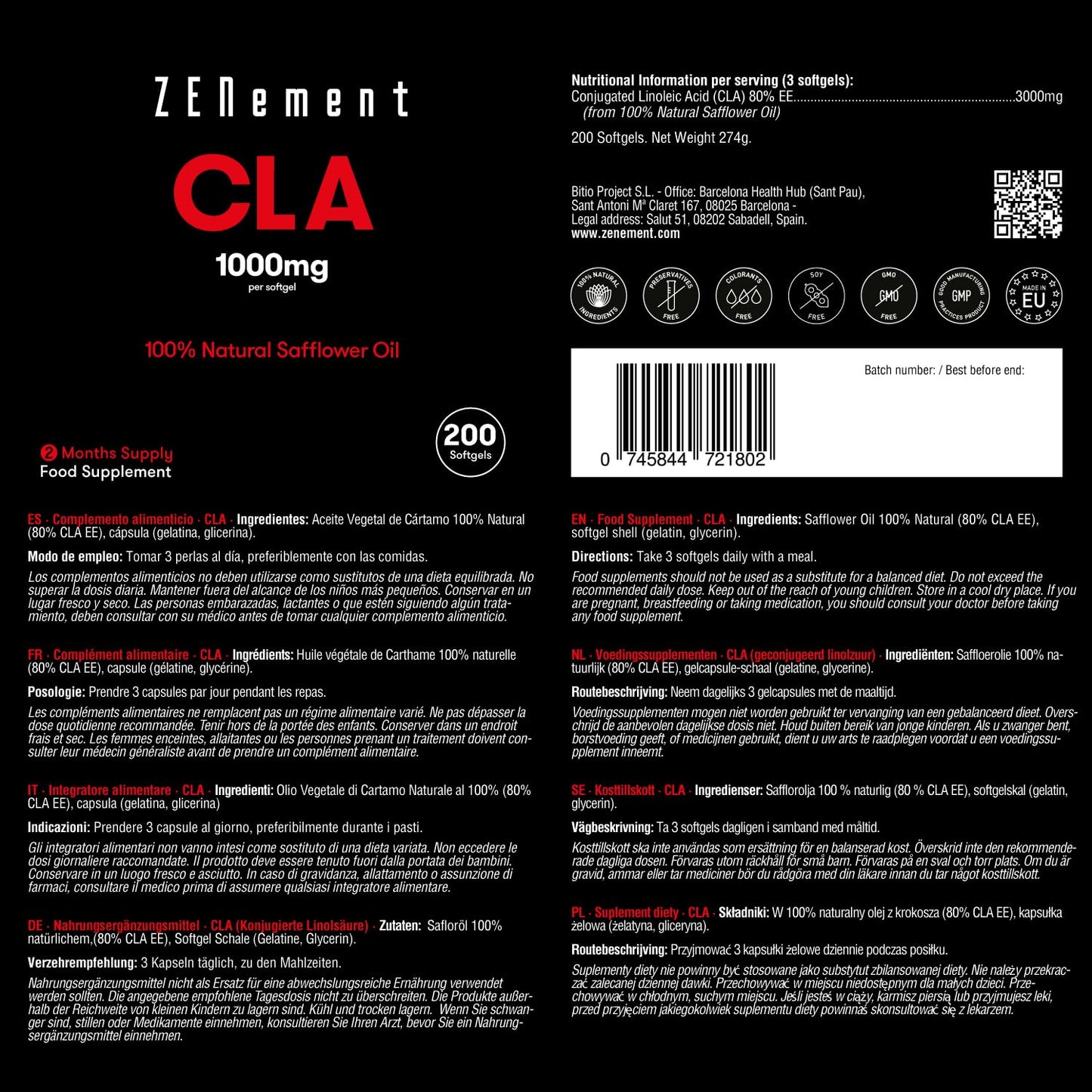 CLA 3000mg (3 softgels), 100% Natural Safflower Oil, 200 Softgels | Gluten Free, Non-GMO | Zenement