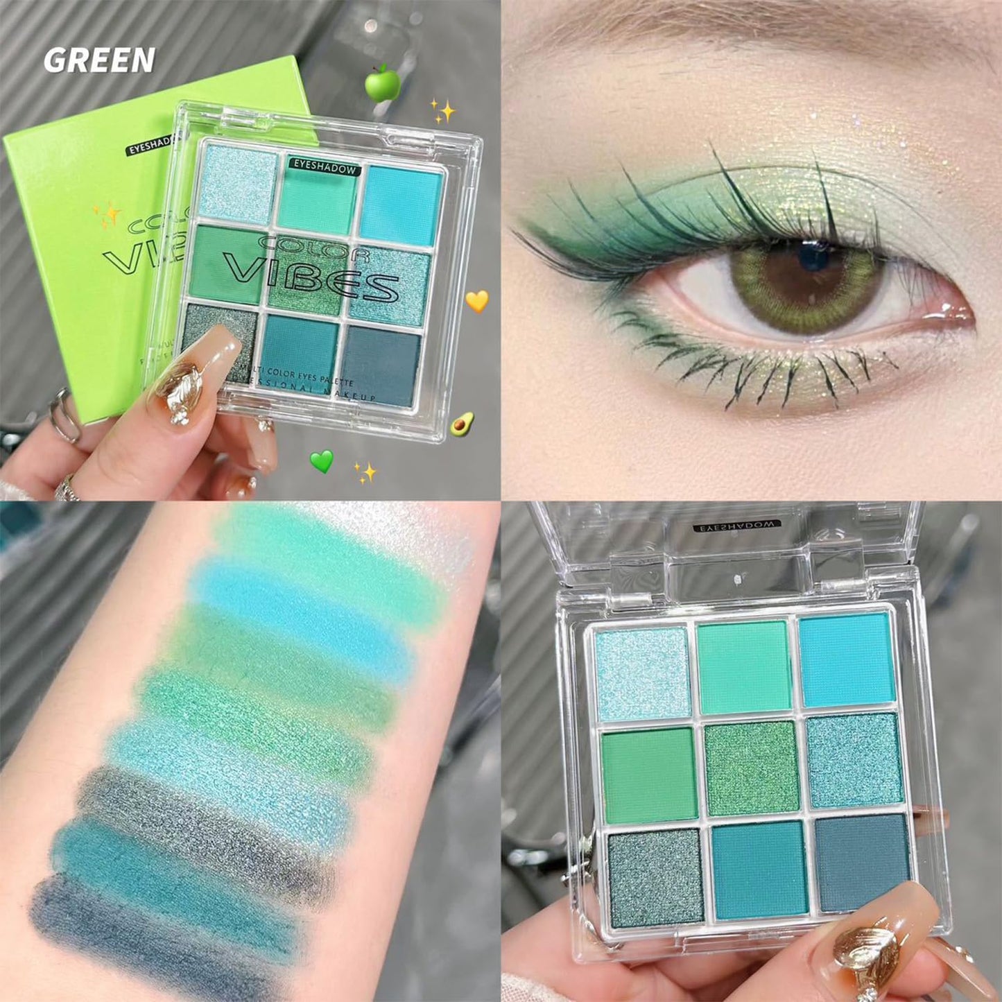 QUIWEN Green Eyeshadow Palette, Glitter Eye shadow Makeup, Shimmer & Matte Waterproof Eye Shadow Palette, Green Forest EyeShadow Make Up With 3 Eyeshadow Brushes