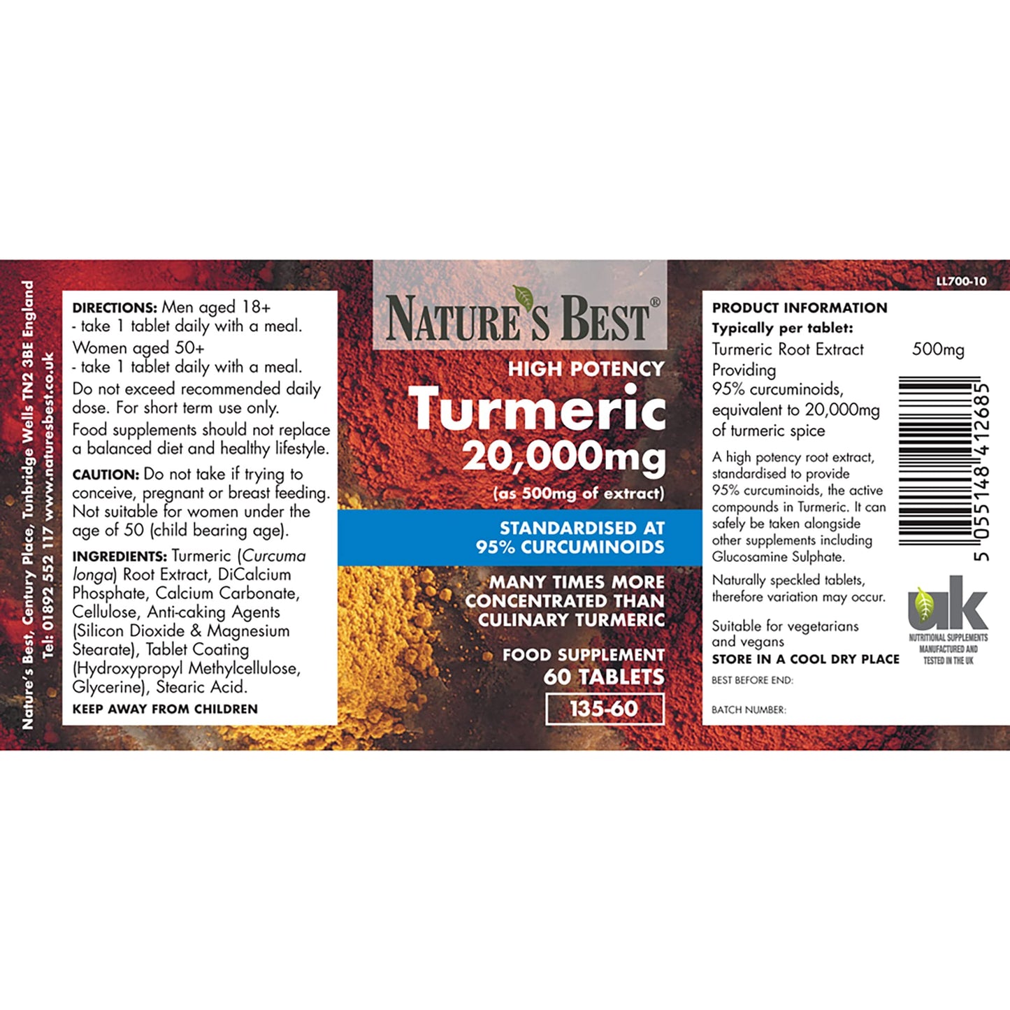 Turmeric Tablets 20,000mg (as 500mg of extract) | High Strength 95% Curcumins | 60 Vegan Tablets; 2 month's supply | UK Made | One of The UKs Strongest and purest Turmeric Tablets