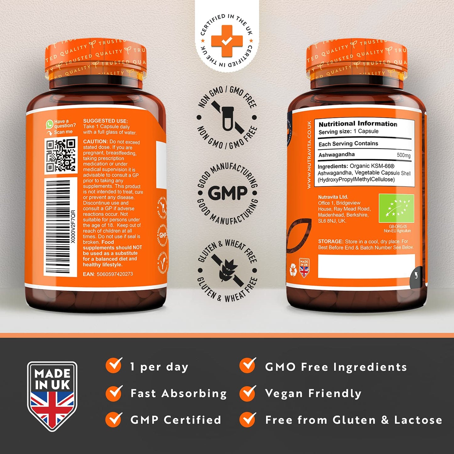 Organic Ashwagandha KSM-66® with 5% Withanolides - Vegan Friendly with The Highest Concentration Most Bioavailable Full-Spectrum Root Powder For Immune Support - Made in The UK by Nutravita