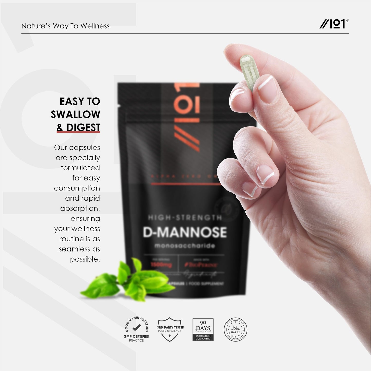 ALPHA01 D-Mannose 1500mg with BioPerine® – 90 Vegan Capsules – Made with BioPerine® Black Pepper for Higher Bioavailability – Resealable and Recyclable Pouch – by Alpha01®