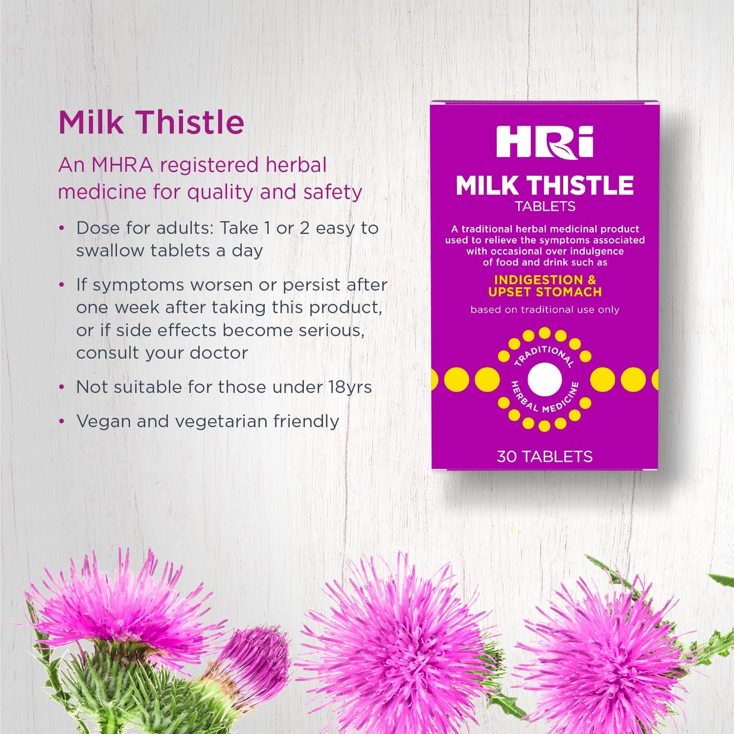 HRI Milk Thistle 30 Tablets - to Relieve Symptoms Associated with Over Indulgence of Food and Drink Such As Indigestion and Upset Stomach. 300 mg of Milk Thistle Extract. 6 Packs