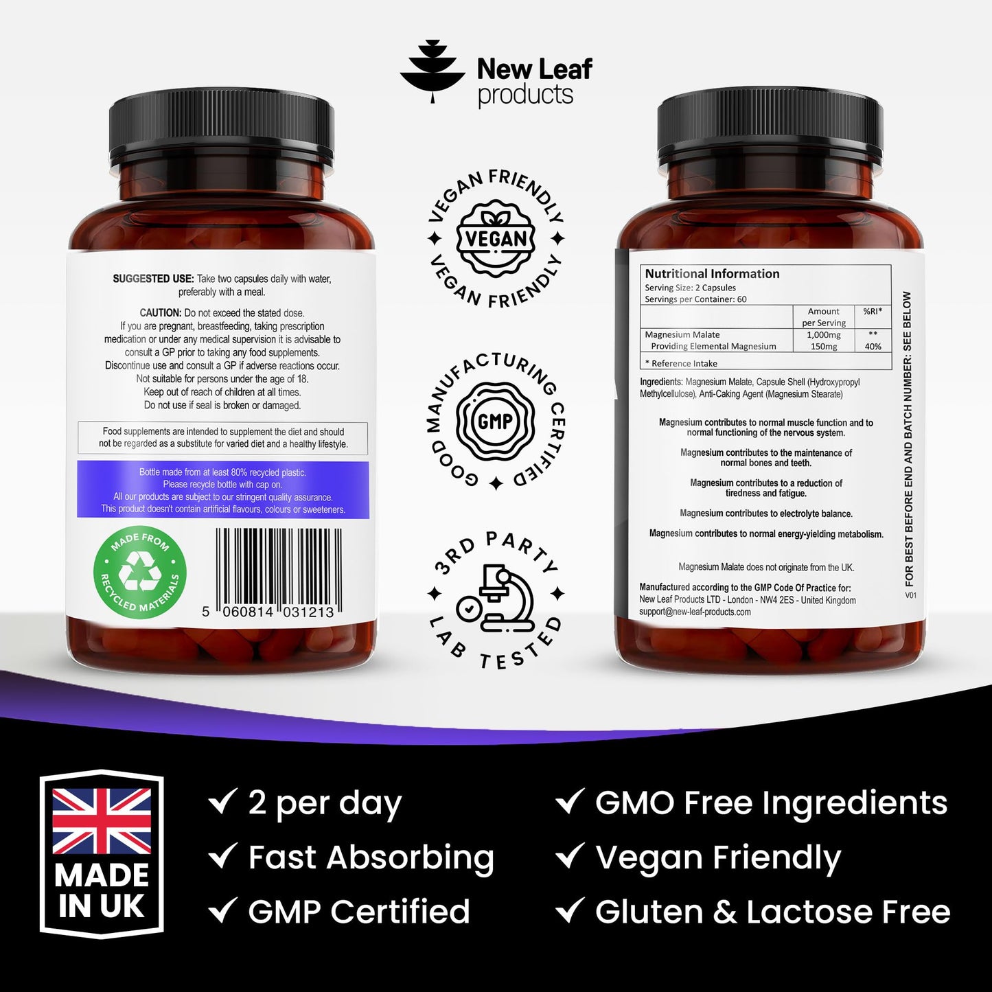 Magnesium Supplements 1000mg - Pure Magnesium Malate Capsules - Bones & Sleep Support - High Absorption Elemental Magnesium - Vegan High Strength Magnesium - 2 Months Supply - Not Magnesium Tablets