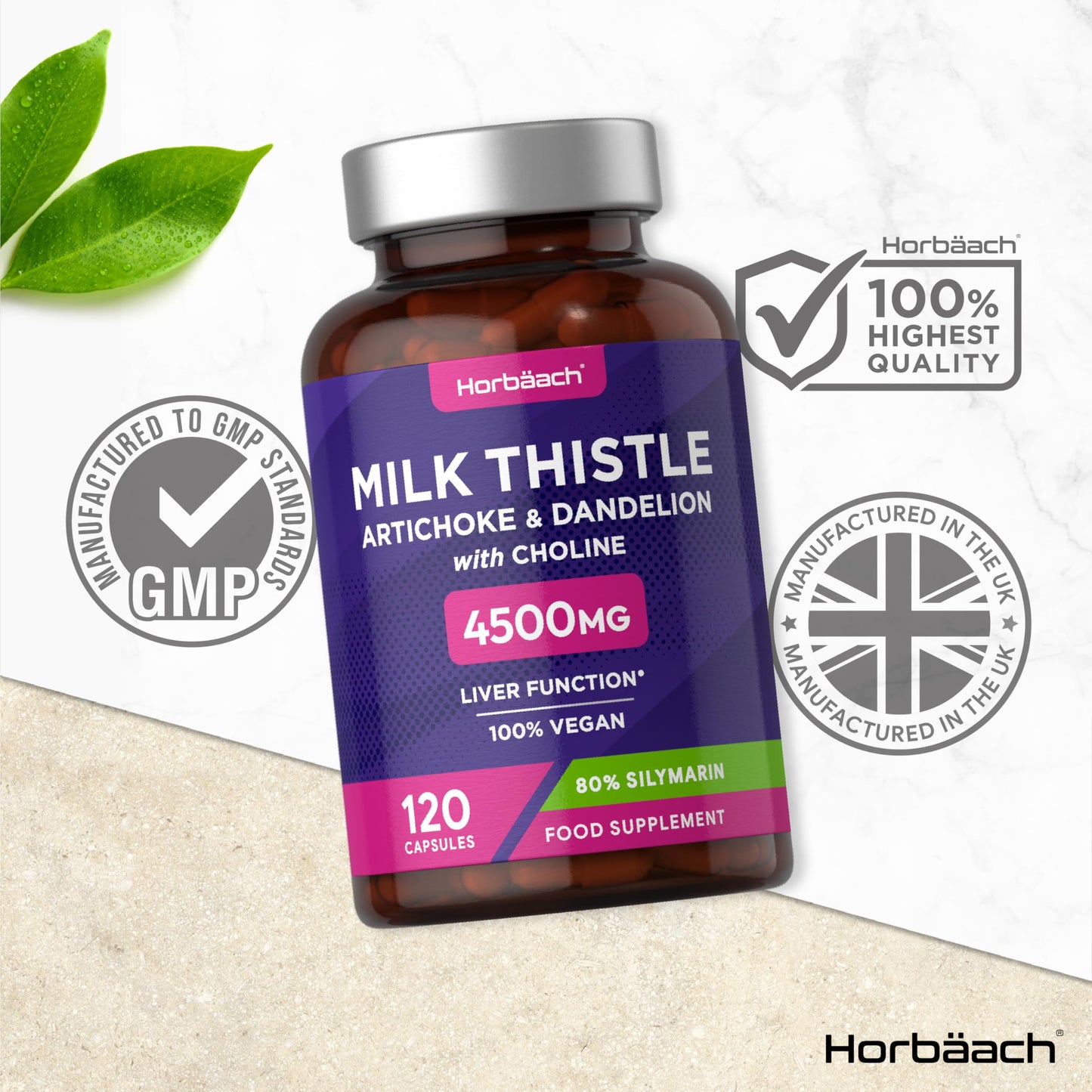 Milk Thistle Capsules 4500mg | 80% Silymarin | Hisht Strength Complex with Artichoke, Dandelion and Choline | 120 Capsules | 100% Vegan Supplement | by Horbaach