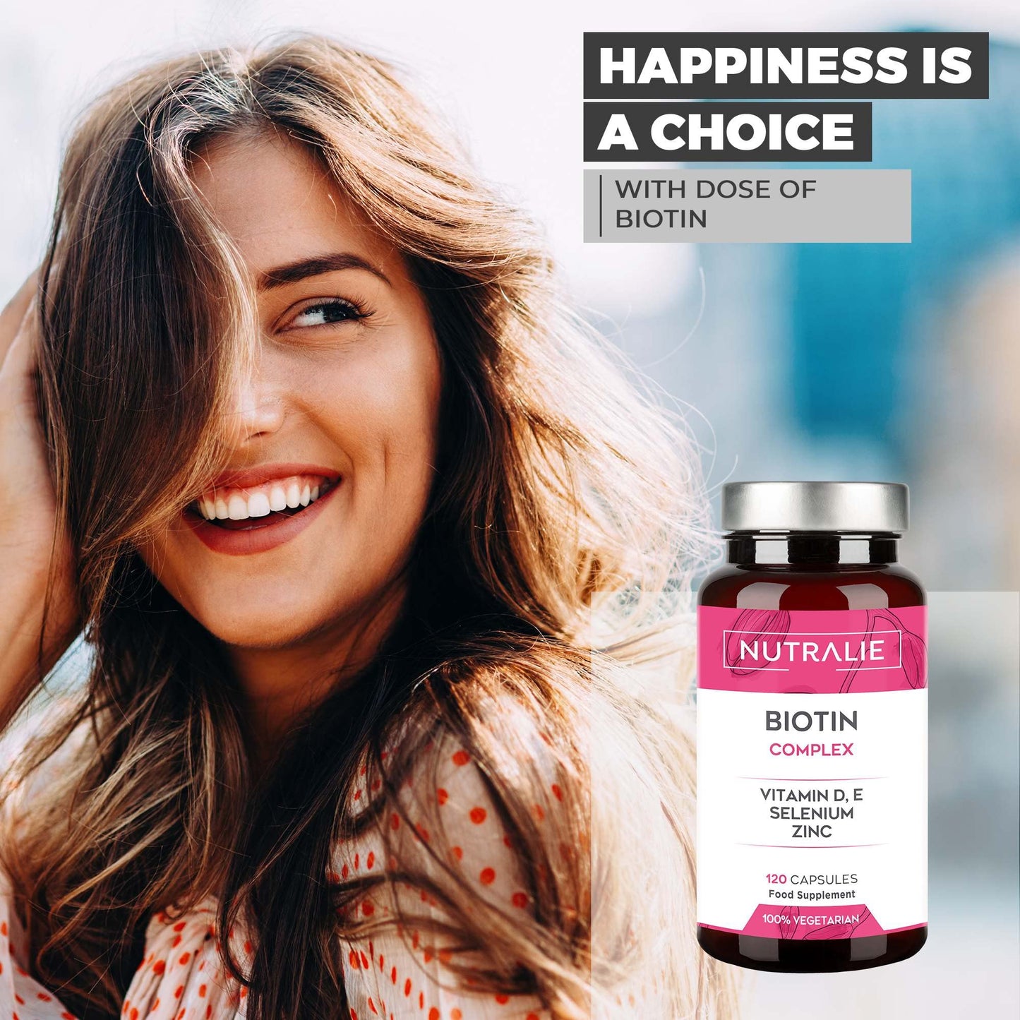 Biotin Hair Growth Supplement - 10000 mcg - Hair + Skin + Nails - Vitamins D E + Zinc + Selenium - Hair Vitamins for Women and Men - Hair Loss + Hair Care - 120 Capsules - Nutralie