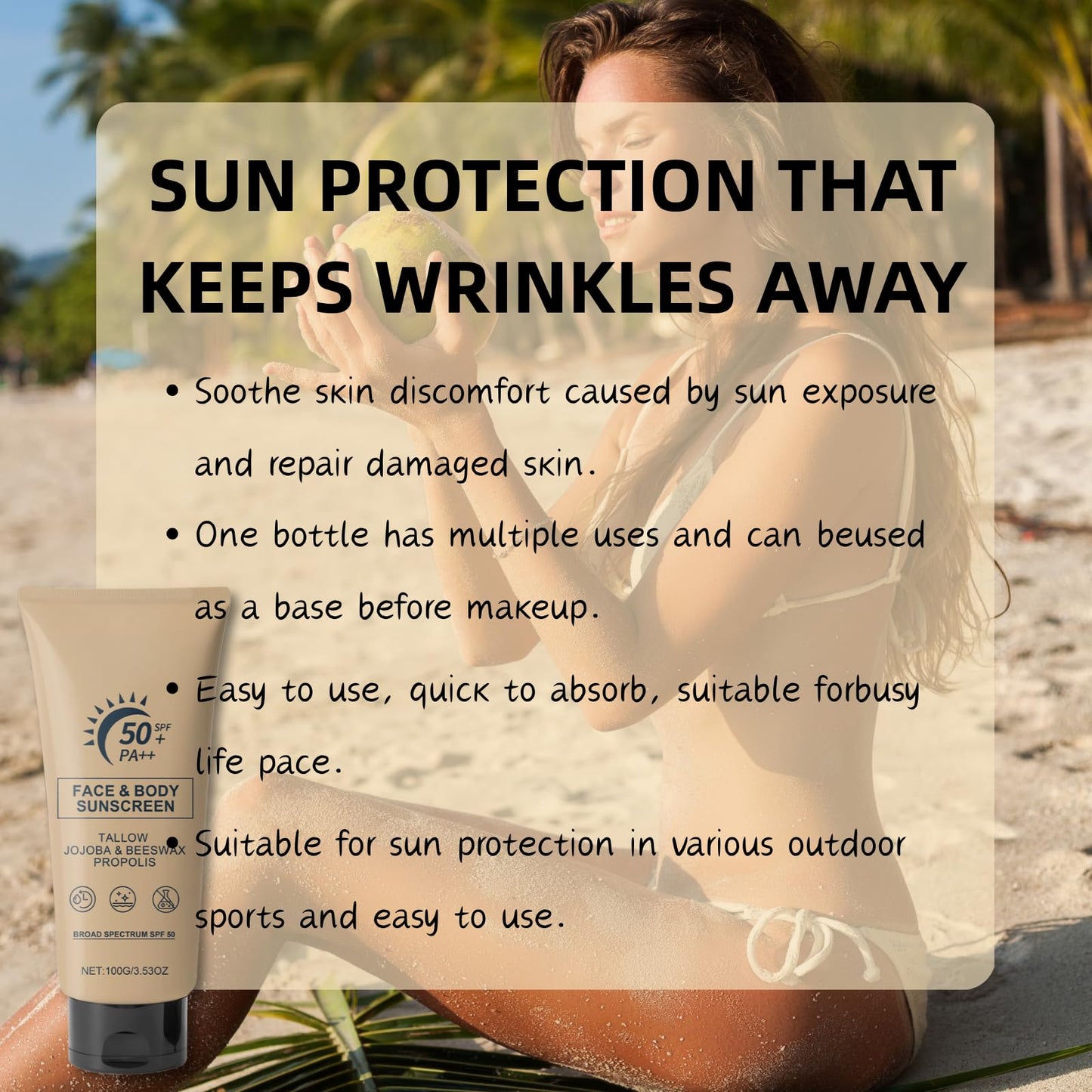 IZBEAUVO Beef Tallow Sunscreen SPF 50 PA++, Tallow Sun Cream, Organic Natural Beef Tallow Sunblock for Face, Hydrating Non-Greasy Travel Size Face & Body Sun Cream, UVA/UVB Protection, Water-Resistant