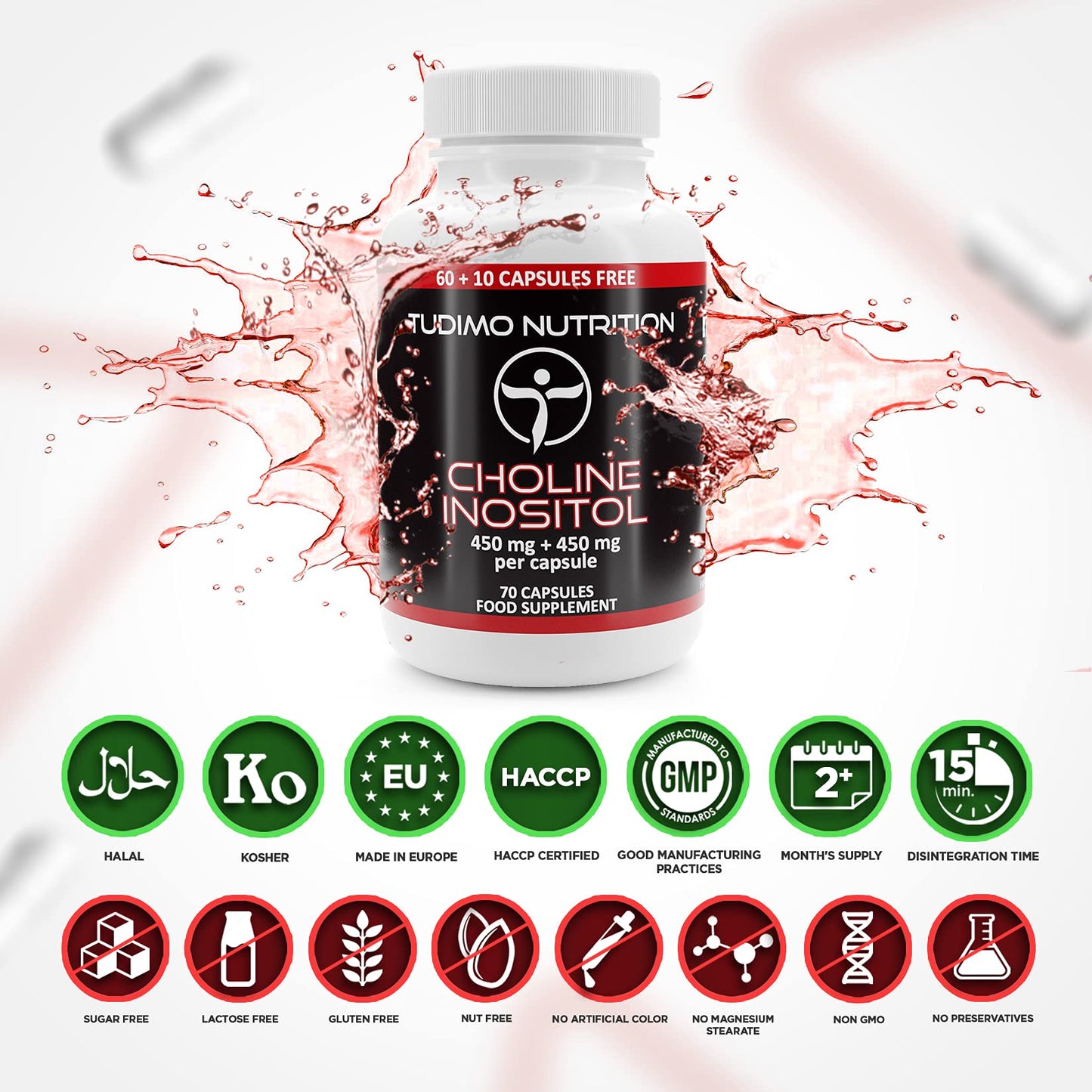 Choline Inositol Capsules - 900mg (450 mg + 450 mg) per Capsule - 70 pcs (2+ Month Supply) of Rapidly Disintegrating Capsules, with 450mg of Cholin Bitartrate and 450mg of Myo Inositol Powder