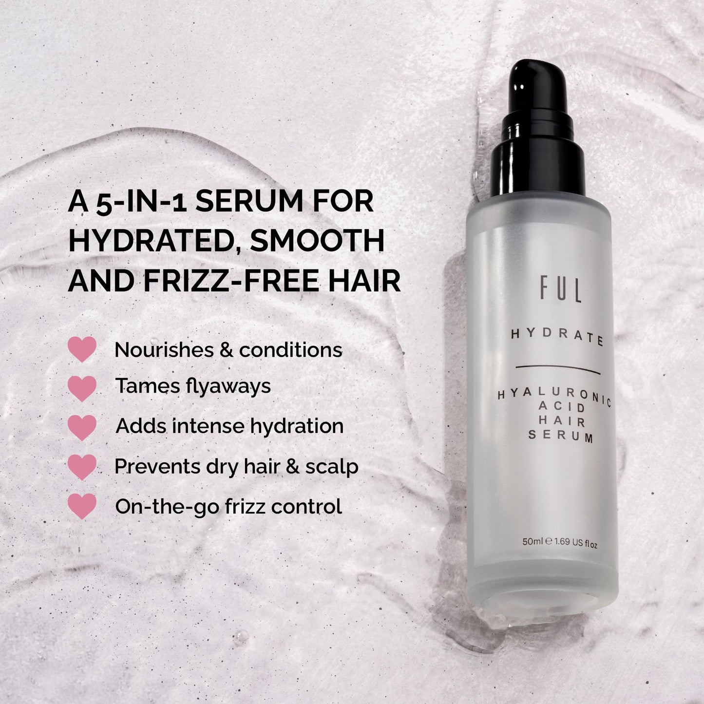 FUL Hyaluronic Acid Hair Serum | Hyaluronic Acid Serum To Tame Frizz, Flyaways and Smooth Hair | Lightweight Leave-In Anti Frizz Hair Serum With Hyaluronic Acid, Panthenol & Glycerine | Made in UK
