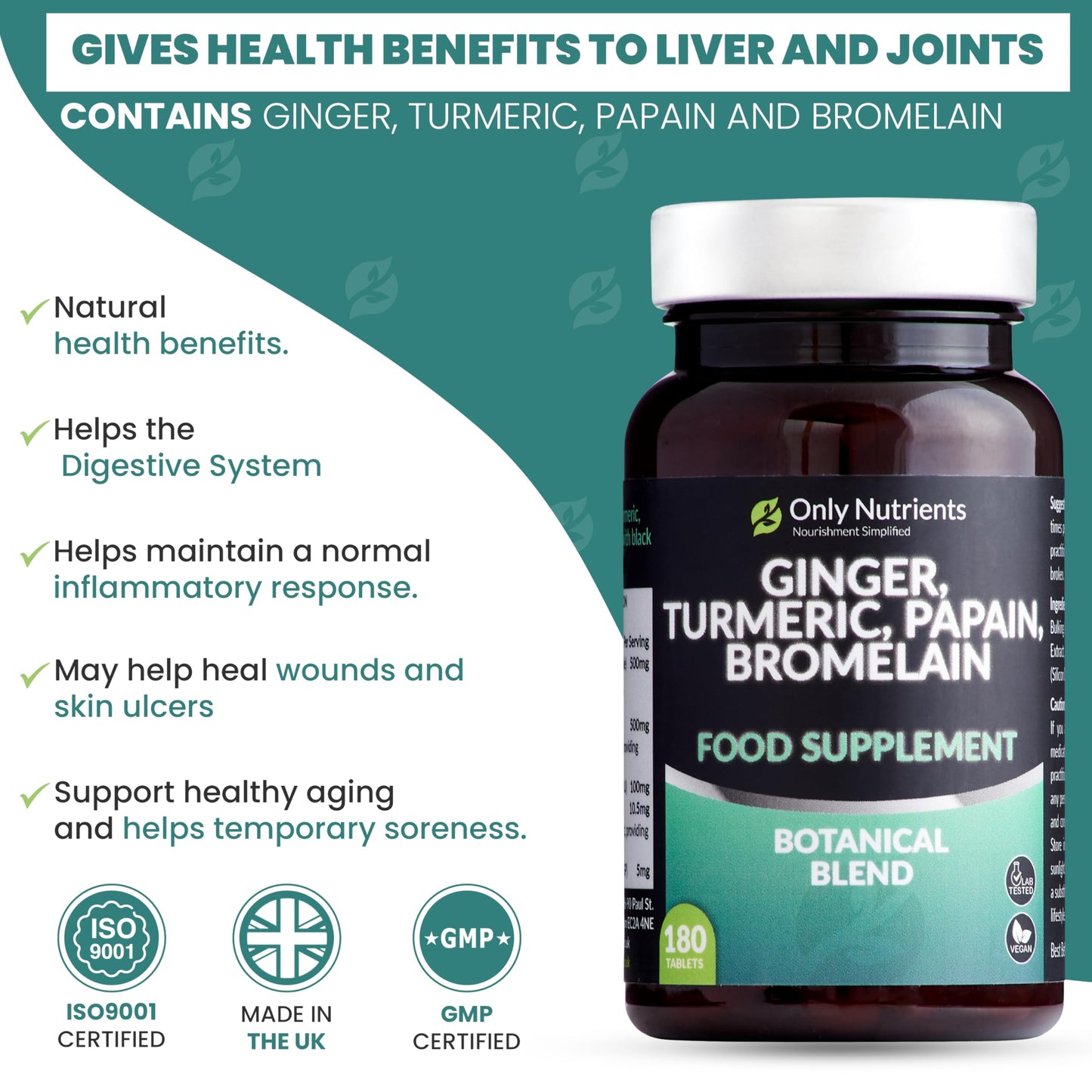 Only Nutrients | Ginger Turmeric Bromelain & Papain with Black Pepper Extract | 180 High Strength Botanical Anti-Inflammatory Tablet Supplements | GMP Approved | UK Made