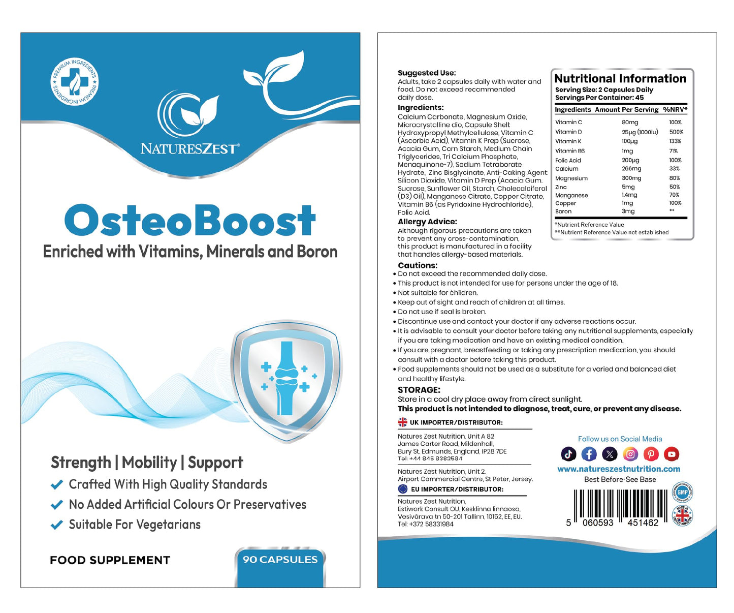 OsteoBoost Bone Support Supplement – Calcium, Vitamin D3, K2, Magnesium, Zinc, Boron for Strong Bones, Mobility & Joint Health, No Artificial Additives, 90 Vegetarian Capsules