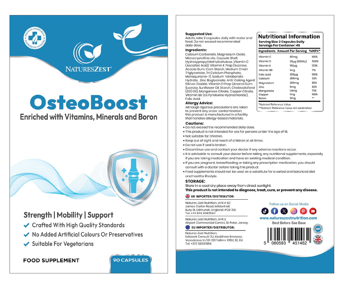 Natures Zest OsteoBoost Bone Support Supplement – 90 Vegan Capsules - Calcium, Vitamin D3, K2, Magnesium, Zinc, Boron for Strong Bones, Mobility & Joint Health | Gluten Free, Made in UK | 45 Days Supply