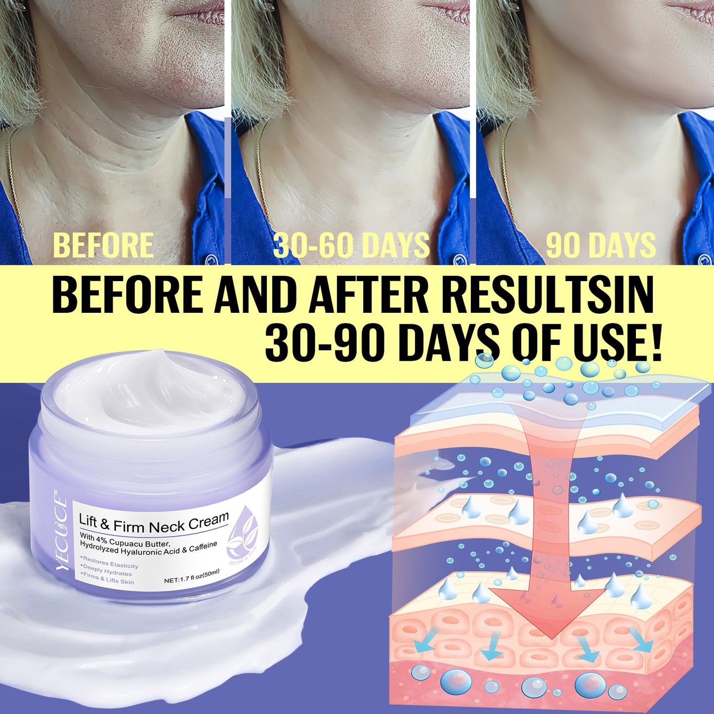 Lift & Firm Neck Cream, Neck Firming Cream, Natural Anti-Aging Neck Cream for Tightening and Wrinkles for an Even Skin Tone and Neck Lift, Fine Lines, With Pro-Active Repair Firming Complex, 50ML