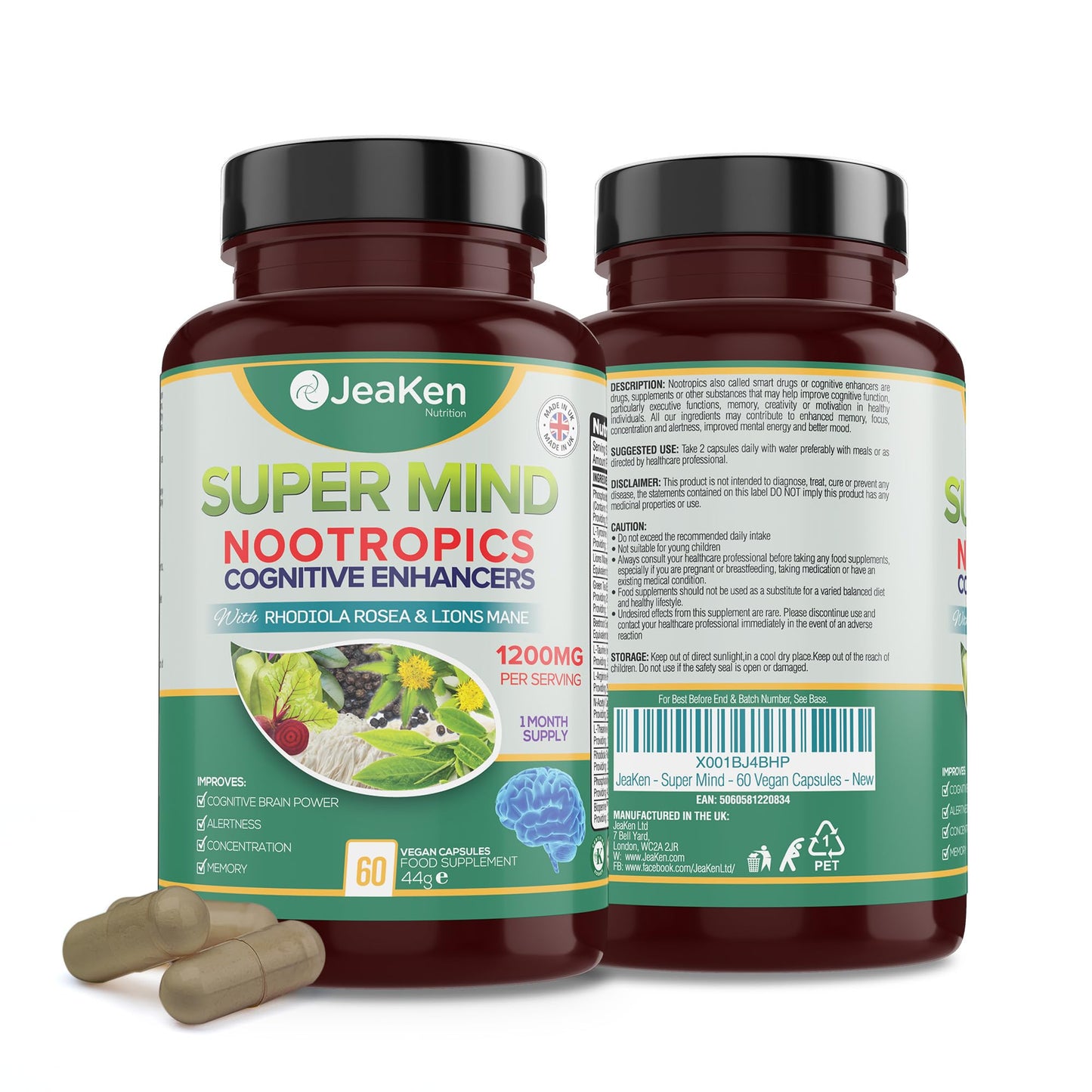 JeaKen - Super Mind Nootropics Supplements, Beetroot Capsules with Rhodiola Rosea, Lions Mane, L-Theanine and More, Boosts Focus, Alertness and Memory, 1200mg per Serving, 60 Vegan Capsules