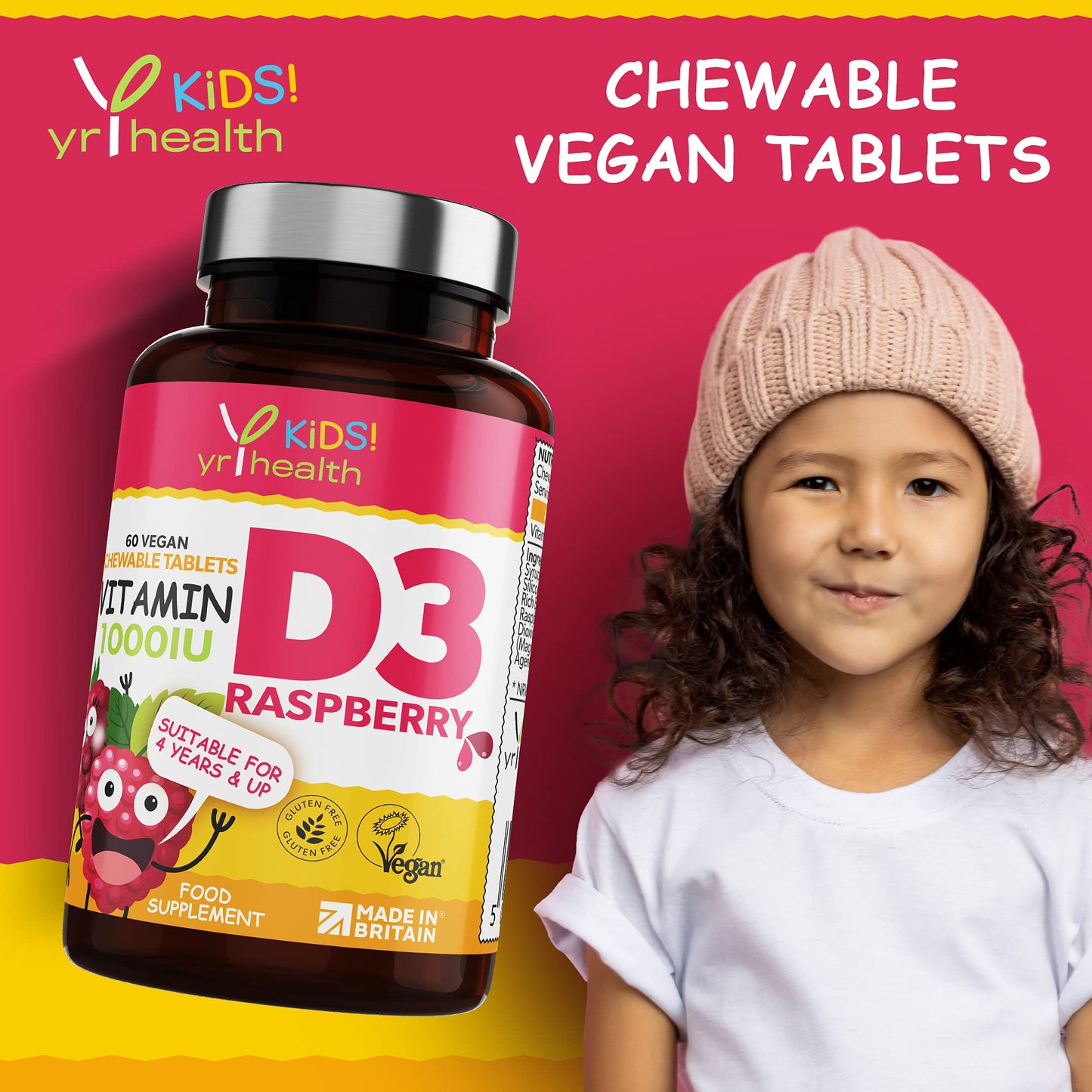 yrhealth Kids Vitamin D3 1000 iu High Strength - Chewable Raspberry Flavour Vitamin D for Kids 4-12 Years, Vegan Society Registered Tablets not Gummies - 2 Months Supply - Made in The UK by YrHealth