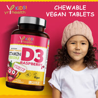 yrhealth Kids Vitamin D3 1000 iu High Strength - Chewable Raspberry Flavour Vitamin D for Kids 4-12 Years, Vegan Society Registered Tablets not Gummies - 2 Months Supply - Made in The UK by YrHealth