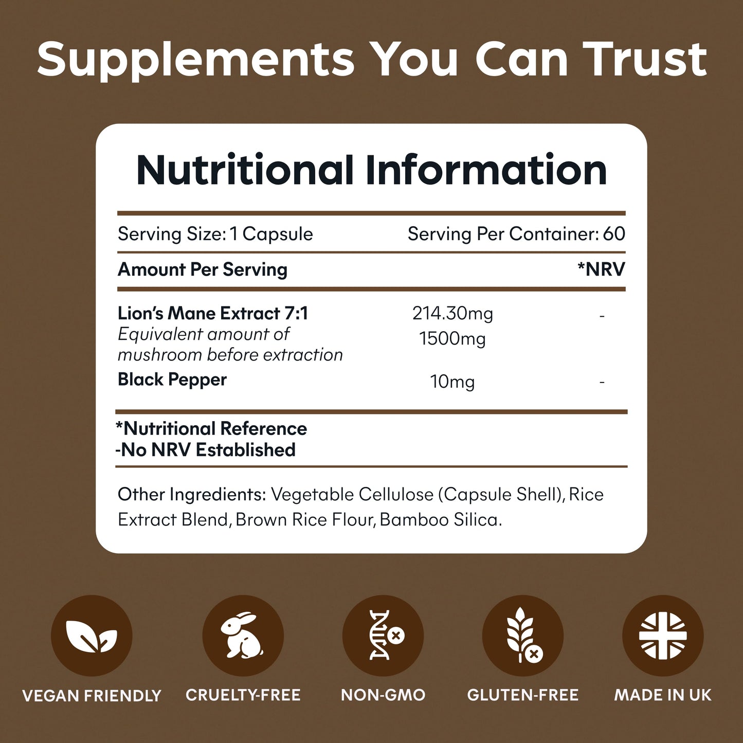 Purolabs Lions Mane Mushroom Extract Supplement 1500mg - 60 High Strength Vegan Capsules with Black Pepper - Made in The UK by Purolabs
