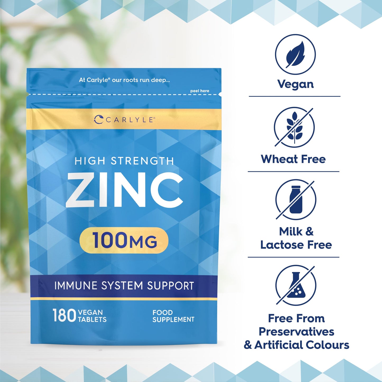 Zinc Supplements 100mg | High Strength Zinc Tablets | 180 Count | Suitable for Vegetarians & Vegans | Carlyle