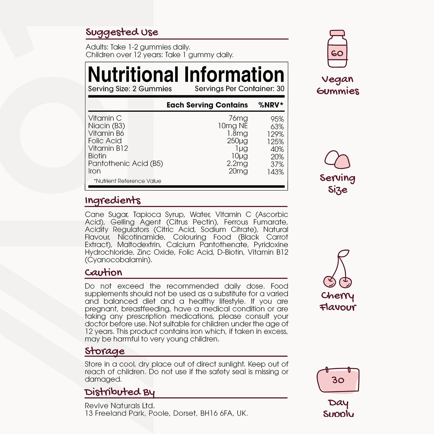 Iron Complex Gummies - 3200mcg - Potent Formula for Energy & Immunity, Made with Organic Tapioca, Cherry Flavour - Kosher, Halal, Non GMO - 60 Vegan Fruity Gummies