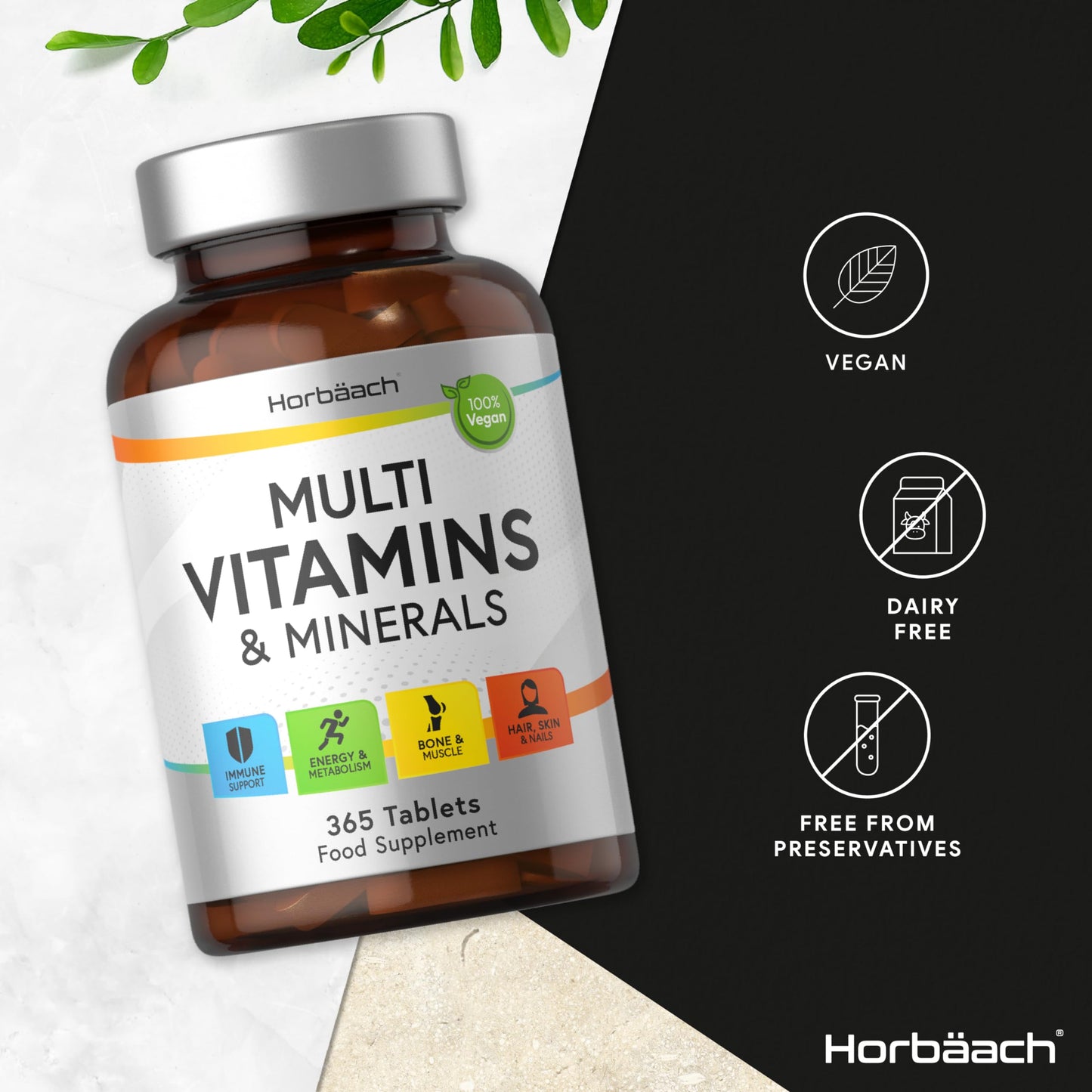 Multivitamin Tablets for Men and Women | 365 Count | with 24 Essential Nutrients Including Vitamin D, B12, Zinc and Iron | 100% Vegan Supplement | by Horbaach