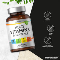 Multivitamin Tablets for Men and Women | 365 Count | with 24 Essential Nutrients Including Vitamin D, B12, Zinc and Iron | 100% Vegan Supplement | by Horbaach