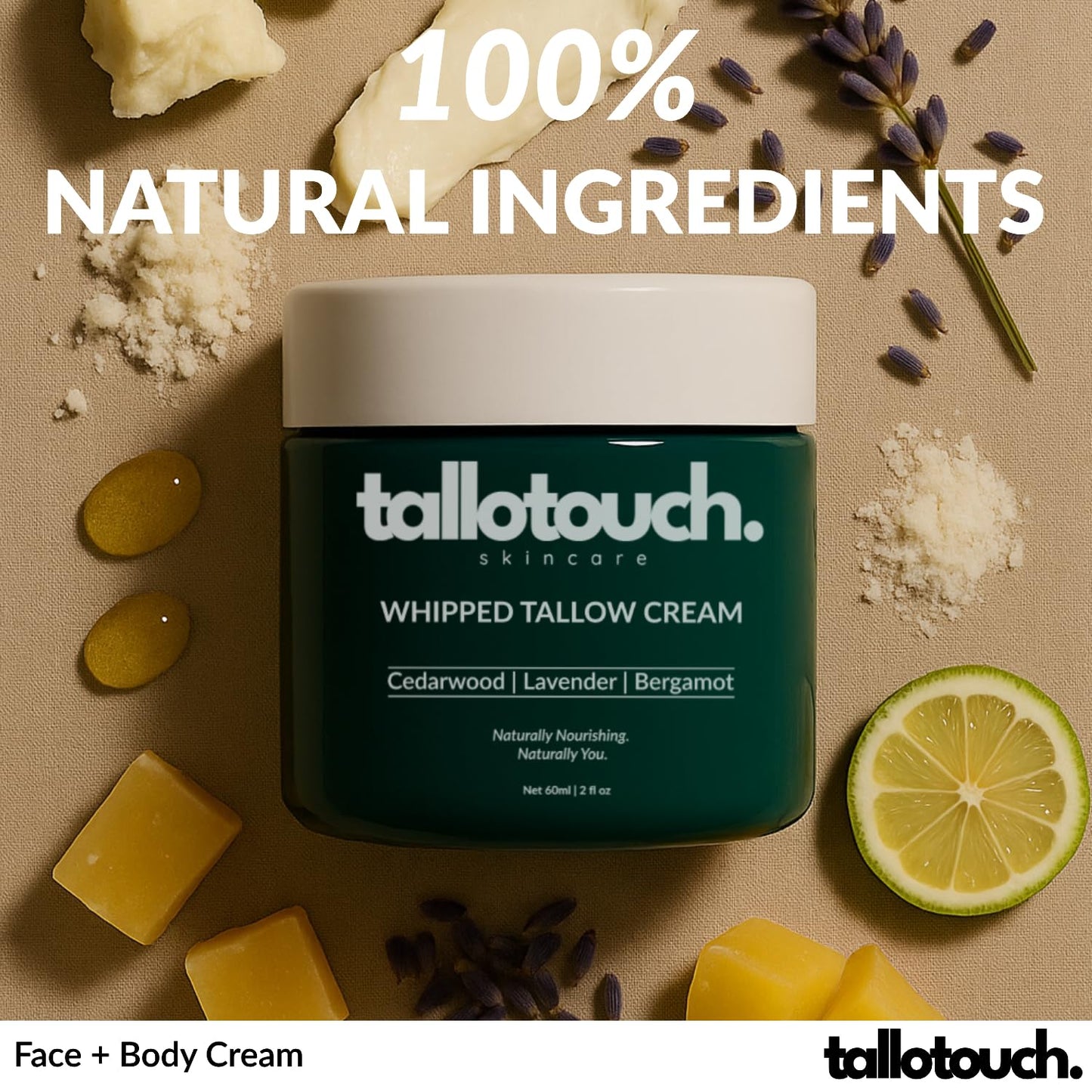 Tallotouch. Whipped Tallow Cream - 100% Grass-Fed Beef Tallow, Shea Butter, Collagen, Cucumber & Jojoba Oil – Deep Hydration for Face & Body, Fast Absorbing, Essential Oils