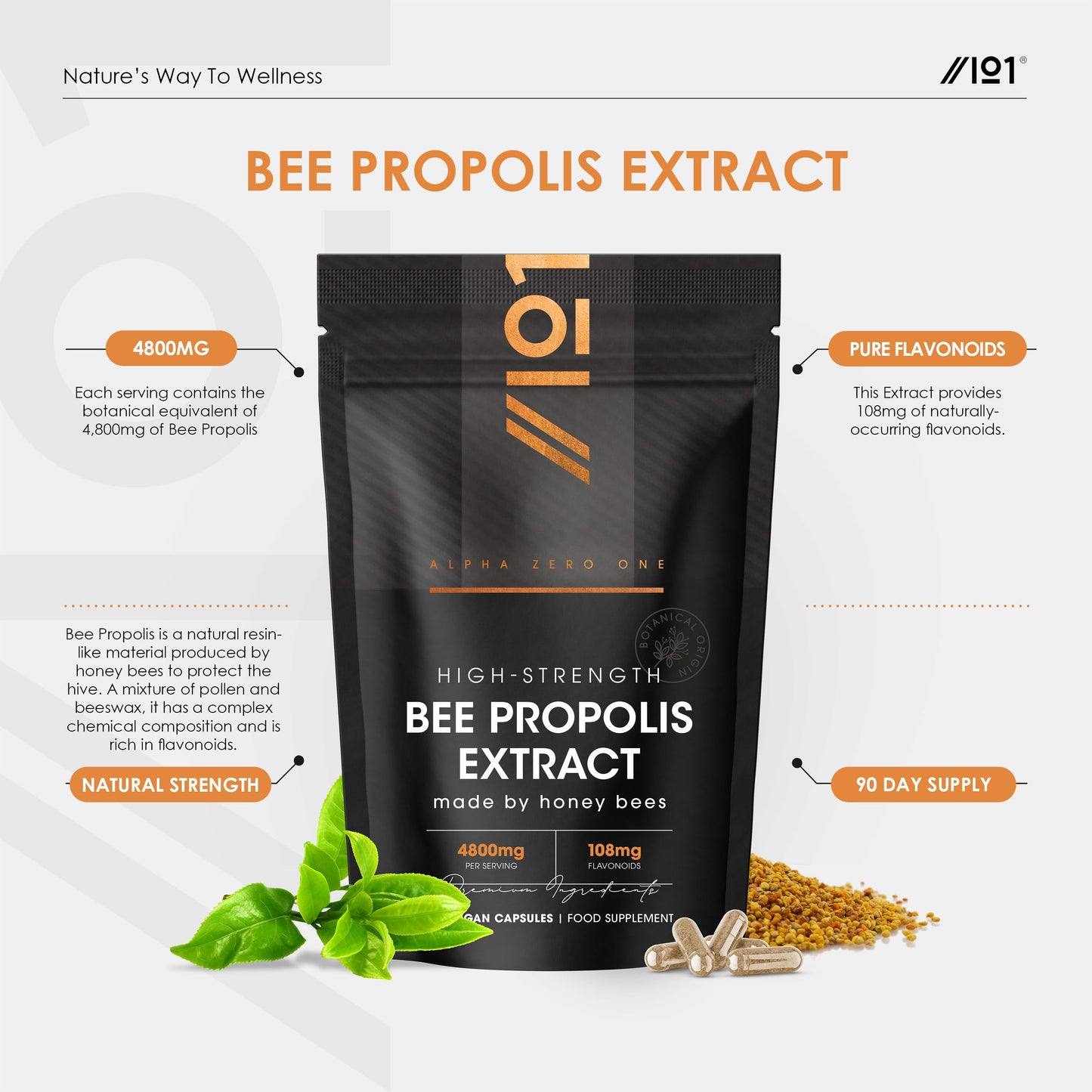 ALPHA01 Bee Propolis Extract 4800mg – Standardised 108mg Flavonoids – 180 Vegan Capsules – High Strength Propolis Supplement - Resealable and Recyclable Pouch by Alpha01