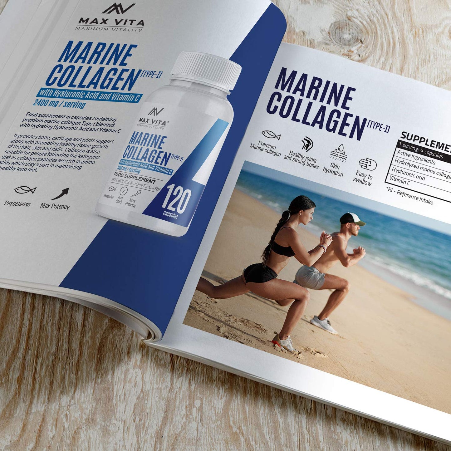 Marine Collagen Type 1 2400mg - 120 Capsules Supplement with Hyaluronic Acid and Vitamin C - High Strength Premium Hydrolysed Collagen Peptides Powder for Healthy Skin Bones & Joints Support
