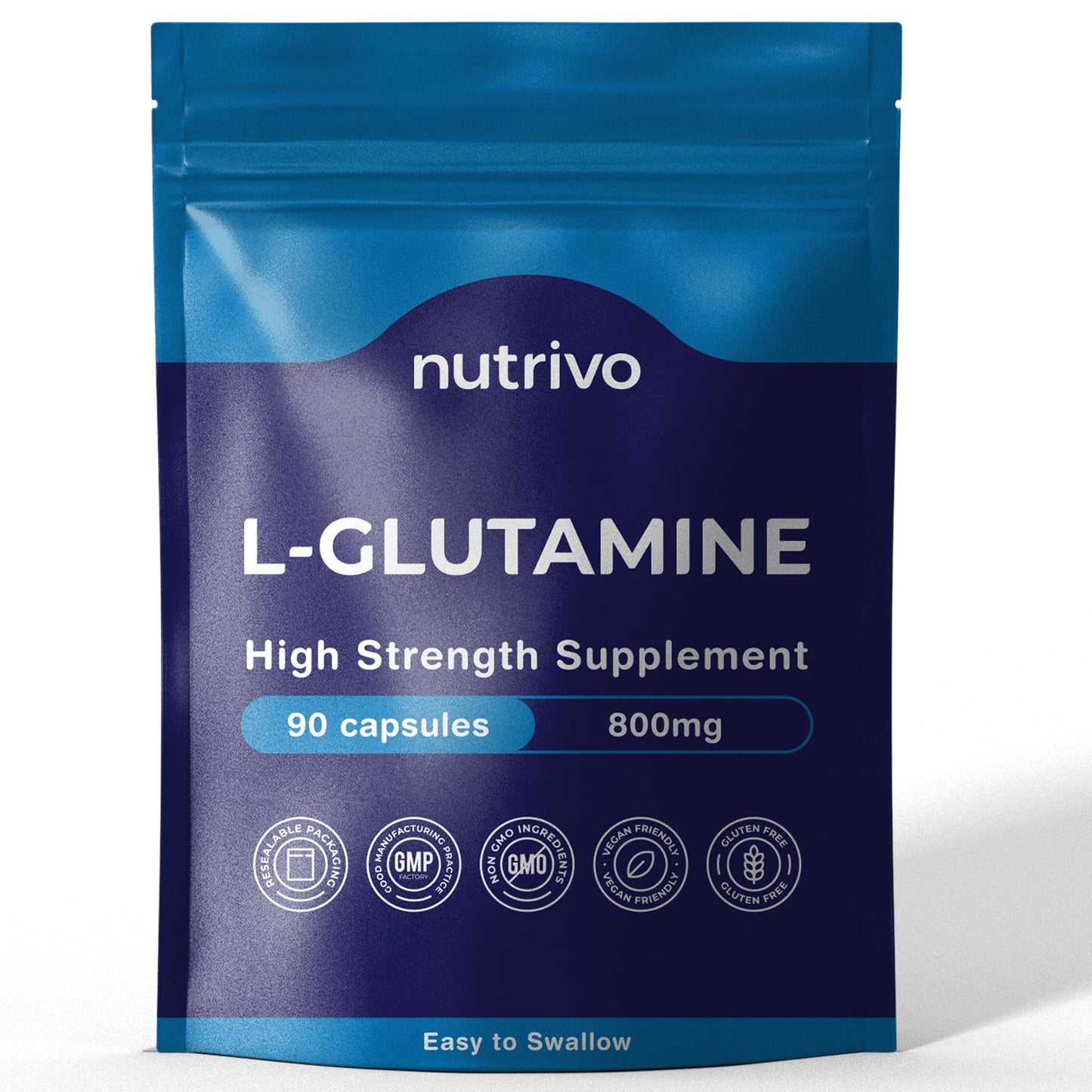 Nutrivo L-Glutamine 800mg Capsules | 90 Capsules Per Pouch | L-Glutamine Nutritional Supplements | Supports Muscle and Gut Health | Good Alternative to Powder and Tablets | Vegan & UK Made