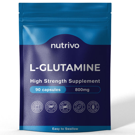 Nutrivo L-Glutamine 800mg Capsules | 90 Capsules Per Pouch | L-Glutamine Nutritional Supplements | Supports Muscle and Gut Health | Good Alternative to Powder and Tablets | Vegan & UK Made