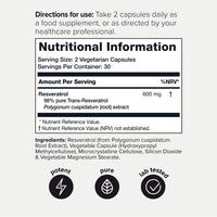 Ultra High Purity Resveratrol Capsules - 98% Trans-Resveratrol - Highly Purified and Bioavailable - 60 Caps Reservatrol Supplement