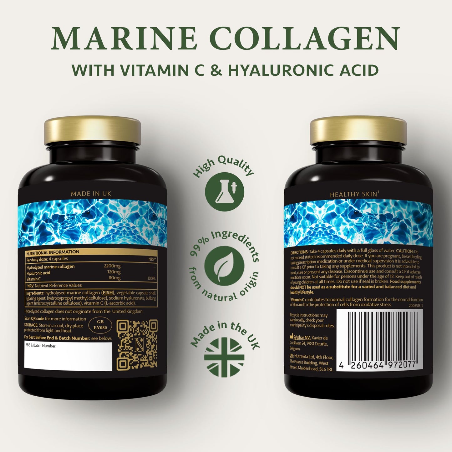 Marine Collagen Capsules with Hyaluronic Acid + Vitamin C 2400mg - High Strength Collagen Supplements for Women - 120 Capsules - for Skin, Joints & Hair - Collagen Tablets Alternative - Satin Naturel
