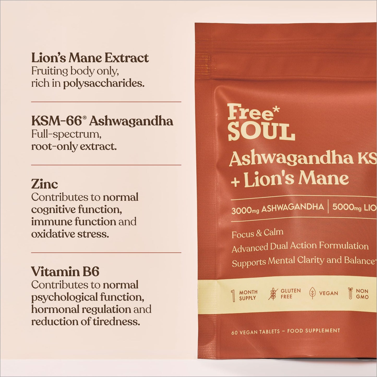 Ashwagandha KSM-66® + Lion’s Mane Complex | 5000mg Lion’s Mane + 2500mg Ashwagandha High Strength | Added + Zinc + Vitamin B6 | Cognitive & Mood Support | Vegan Tablets | Free Soul