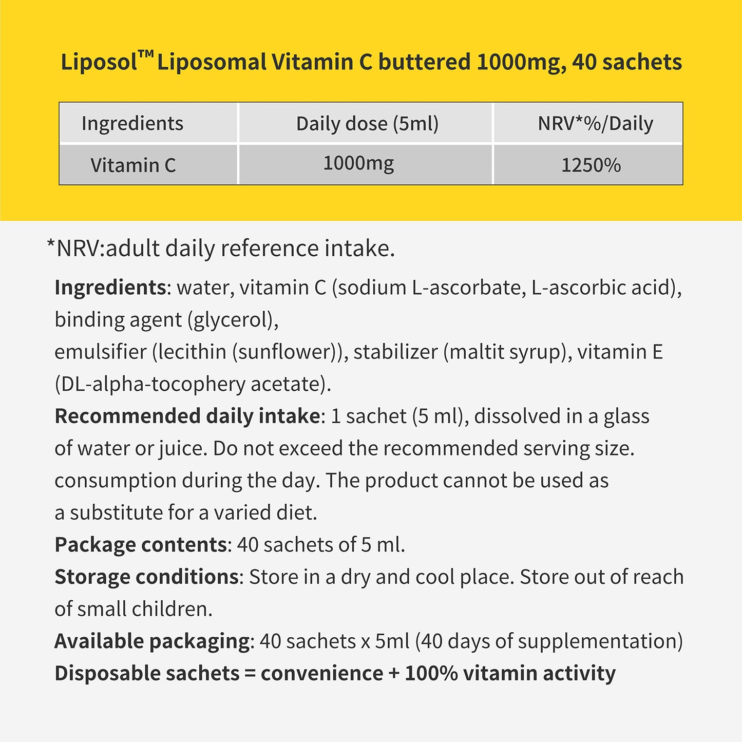 Aliness Liposomal Vitamin C 1000mg Sachets for Immune Health - 40 Softgel Slow Release Sachets with Premium Liposomal Absorption Technology - Vitamin C Supplement for Adults Liposol