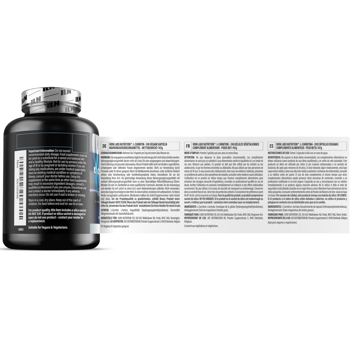 Iron Labs Nutrition L Carnitine Capsules – 1000mg L-Carnitine Tartrate per Serving for Men and Women – Vegan Friendly – 240 Capsules (4 Month Supply)