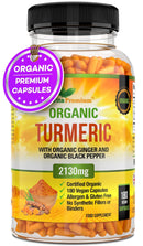 Vita Premium Organic Turmeric Curcumin with Organic Ginger and Organic Black Pepper - 180 Vegan Capsules (up to 6 Month Supply) - High Strength Tumeric Herbal Supplement