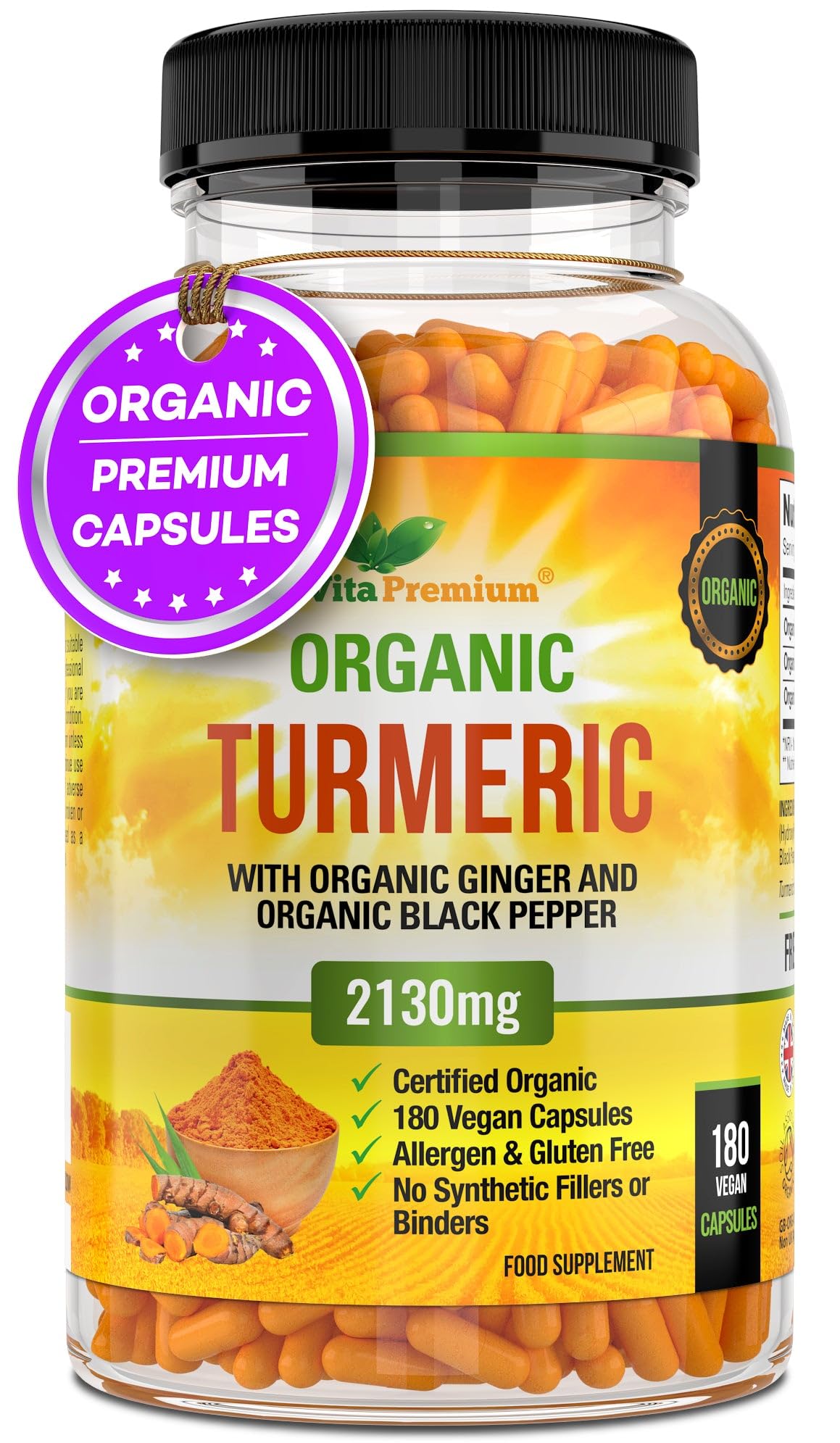 Vita Premium Organic Turmeric Curcumin with Organic Ginger and Organic Black Pepper - 180 Vegan Capsules (up to 6 Month Supply) - High Strength Tumeric Herbal Supplement