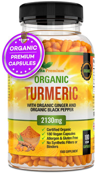 Vita Premium Organic Turmeric Curcumin with Organic Ginger and Organic Black Pepper - 180 Vegan Capsules (up to 6 Month Supply) - High Strength Tumeric Herbal Supplement