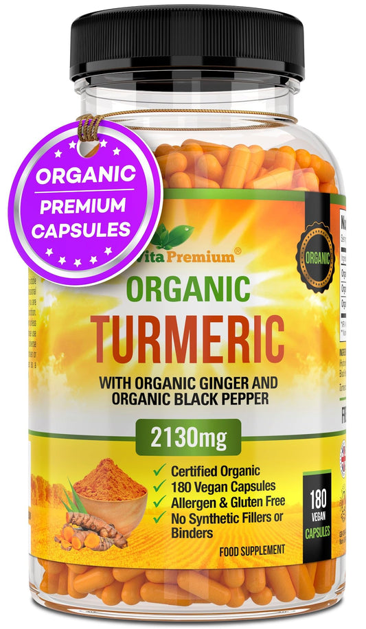 Vita Premium Organic Turmeric Curcumin with Organic Ginger and Organic Black Pepper - 180 Vegan Capsules (up to 6 Month Supply) - High Strength Tumeric Herbal Supplement
