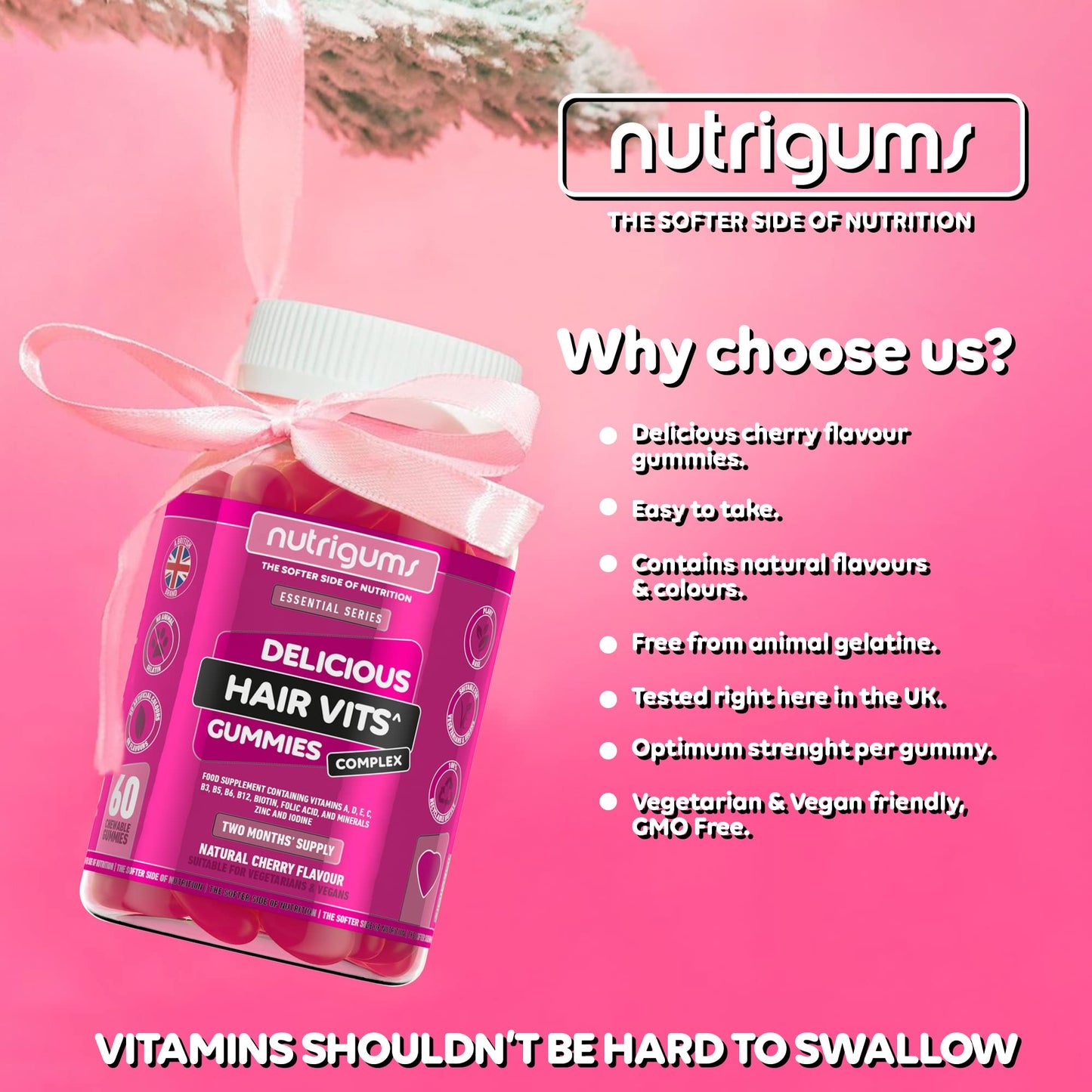 Hair Vitamin Biotin Complex Gummy | Cherry Flavour | 60 Vegan Gummies | Multivitamin Supplement containing Biotin, Vitamin C, Folic Acid and Zinc | Maintain Healthy Hair Growth by NUTRIGUMS®