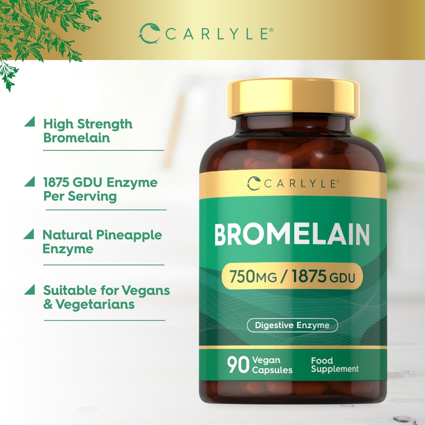 Bromelain High Strength 750mg | 1875 GDU | 90 Vegan Capsules | Digestive Enzyme Supplement | by Carlyle