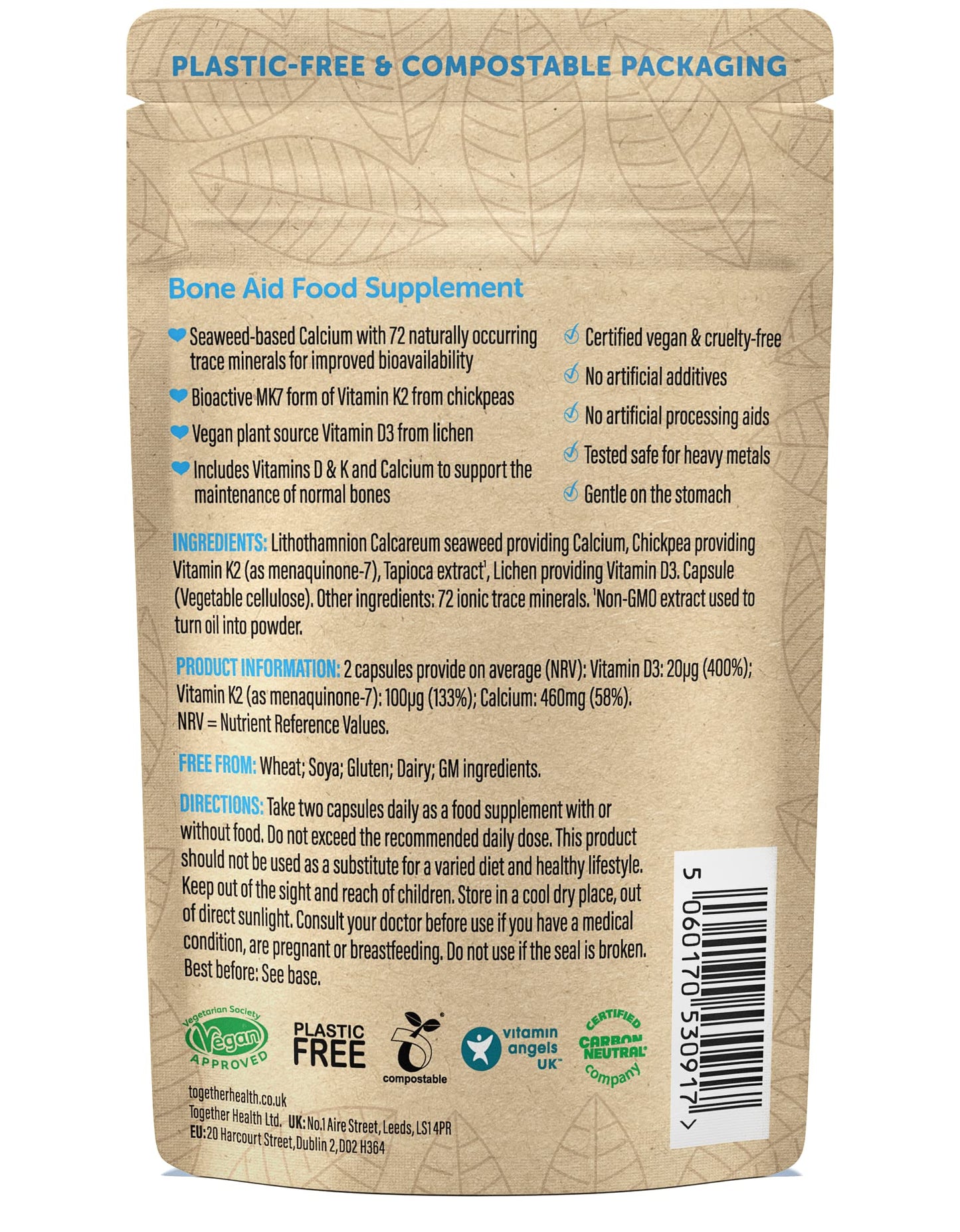 Bone Aid – Together Health – Plant-Based Calcium & Vitamins K2 & D3 – Vegan Friendly – Made in The UK – Pack of 6-360 Vegecaps