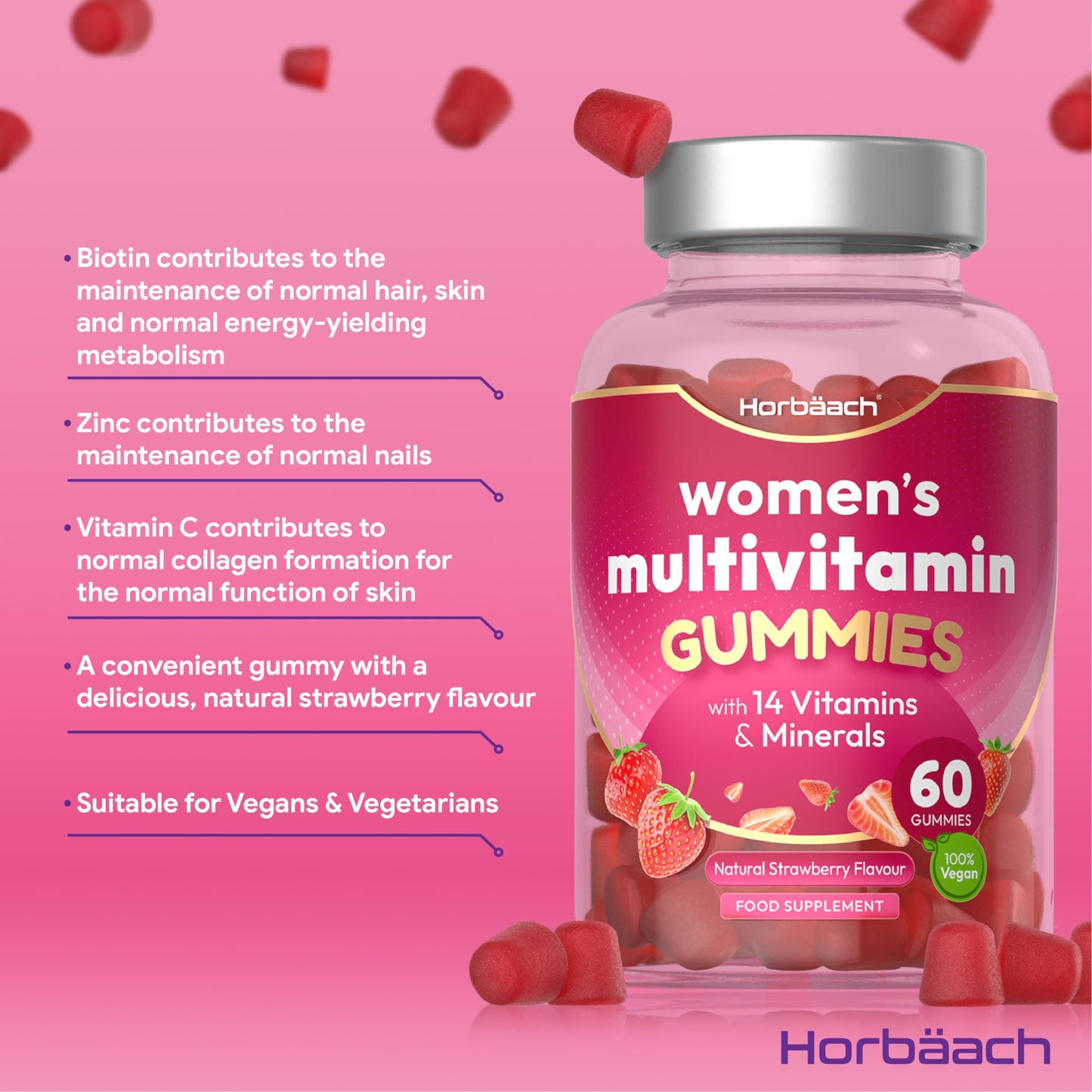 Multivitamin Gummies for Women | 14 Multivitamins and Minerals | with Biotin, Zinc, Vitamin C & More! | Hair, Skin and Nails Vitamins | 60 Vegan Gummies - Natural Strawberry Flavour | by Horbaach