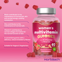Multivitamin Gummies for Women | 14 Multivitamins and Minerals | with Biotin, Zinc, Vitamin C & More! | Hair, Skin and Nails Vitamins | 60 Vegan Gummies - Natural Strawberry Flavour | by Horbaach