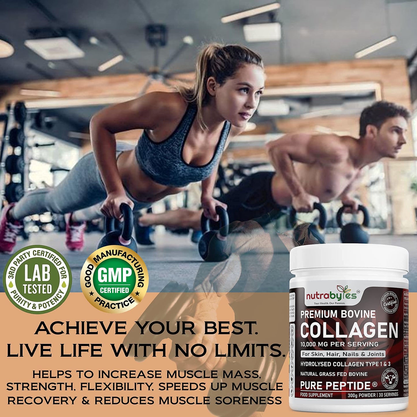 NUTRABYTES Bovine Collagen Peptides Powder 10000mg Type 1 & 3 Unflavoured|19 Amino Acids|High Strength Hydrolysed Protein for Women & Men |Kosher & Halal Certified| Healthy Skin Hair Nails Joints|Keto,Paleo