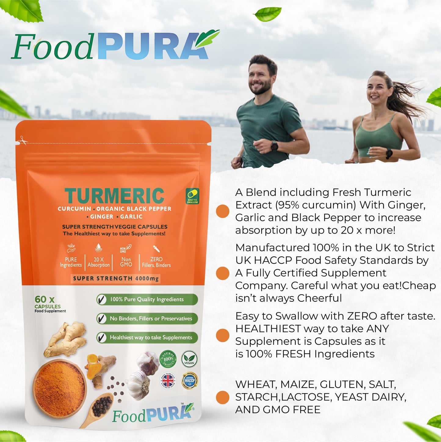 FoodPURA 4000mg Turmeric (Curcumin), Ginger, Garlic & Organic Black Pepper Capsules HACCP Certified, Manufactured in The UK by FoodPURA (60)
