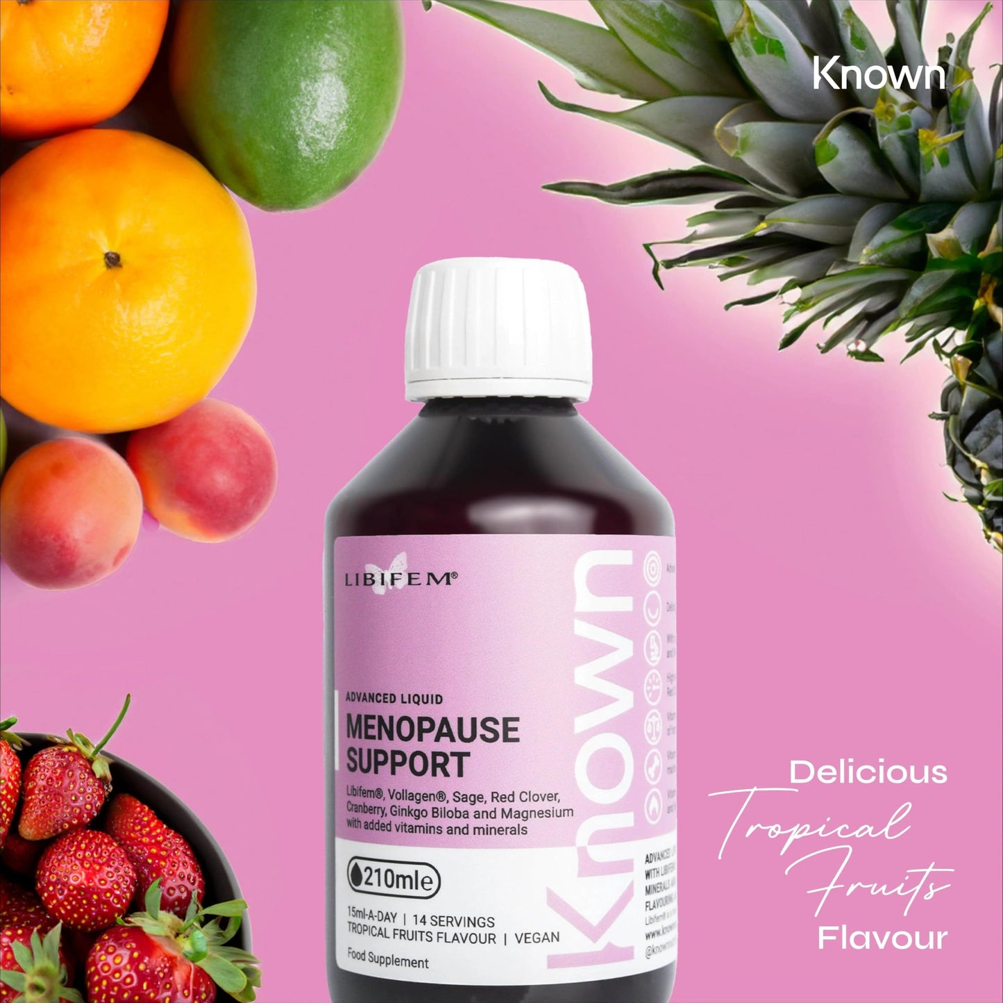 Known Advanced Menopause Support Liquid Bottle - Libifem® & Vollagen® - Supports Menopause Symptoms - Natural Orange & Honey Flavour - 14 Servings